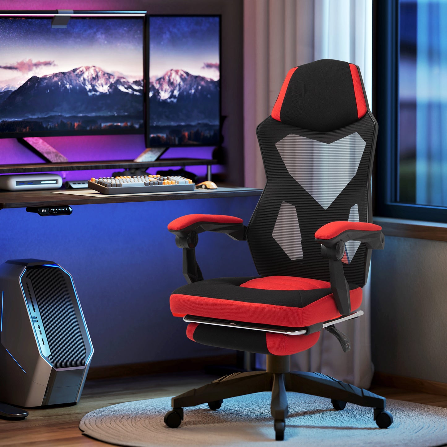Scaun de Birou Ergonomic și Reclinabil cu Suport pentru Picioare, din Material Textil Respirabil, 58x63x112-122 cm, Negru și Roșu