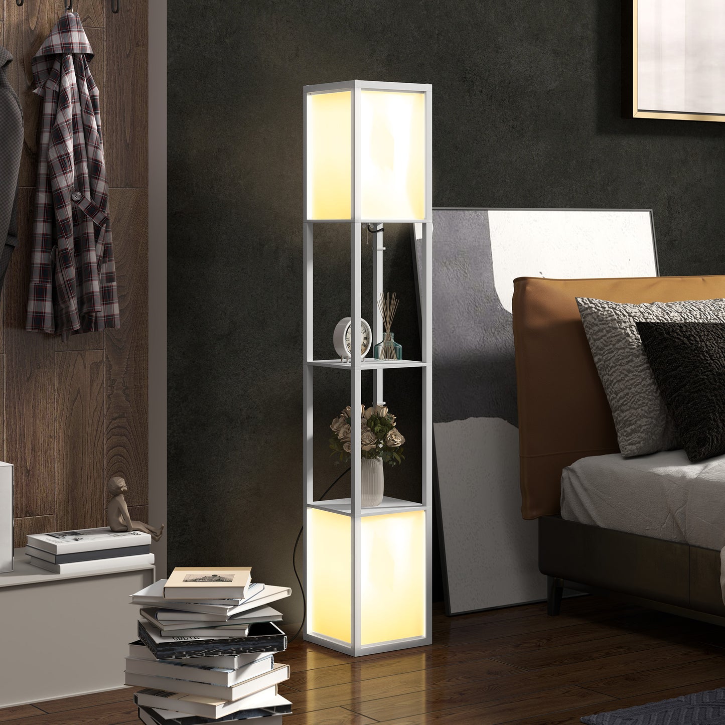Lampă de podea modernă cu 2 abajururi și 2 rafturi pentru becuri E27, putere max. 40W, 26x26x156 cm, alb