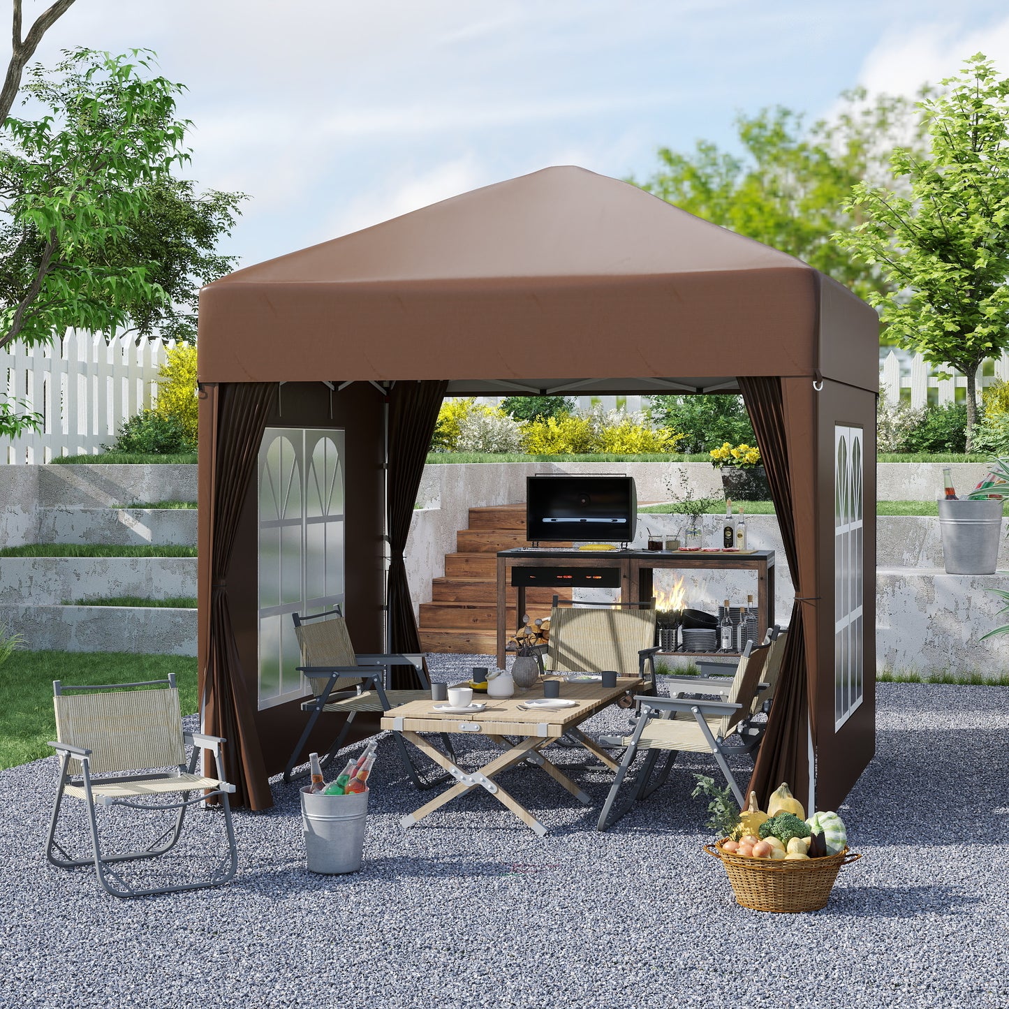 Pavilion Pop-up Impermeabil cu 4 Pereți Detașabili și Geantă de Transport, 2x2x2.4 m, Maro