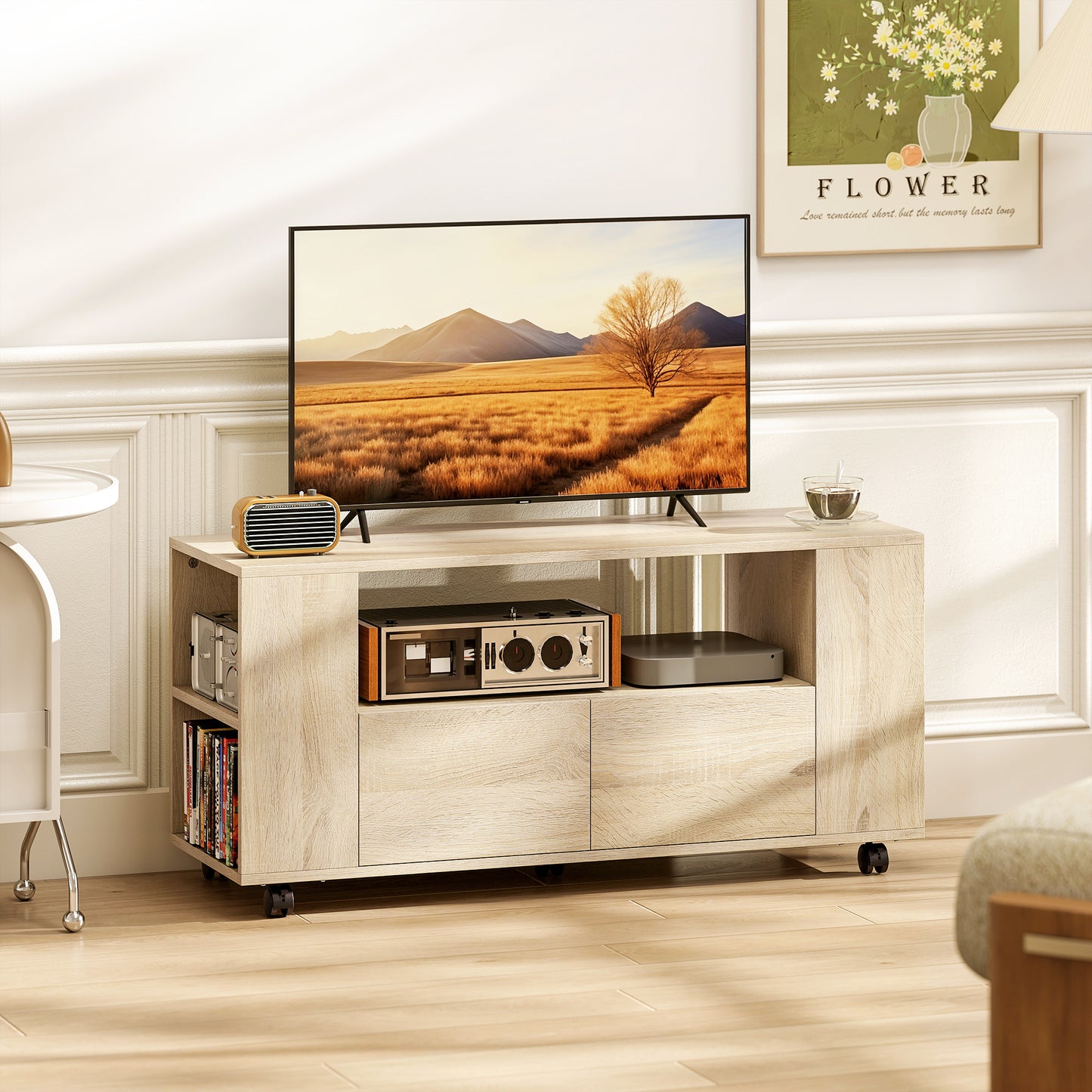 Dulap TV mobil pentru televizoare de până la 42", cu roți pivotante și frână, rafturi ajustabile și sertare, 102x34.5x48.5 cm, lemn