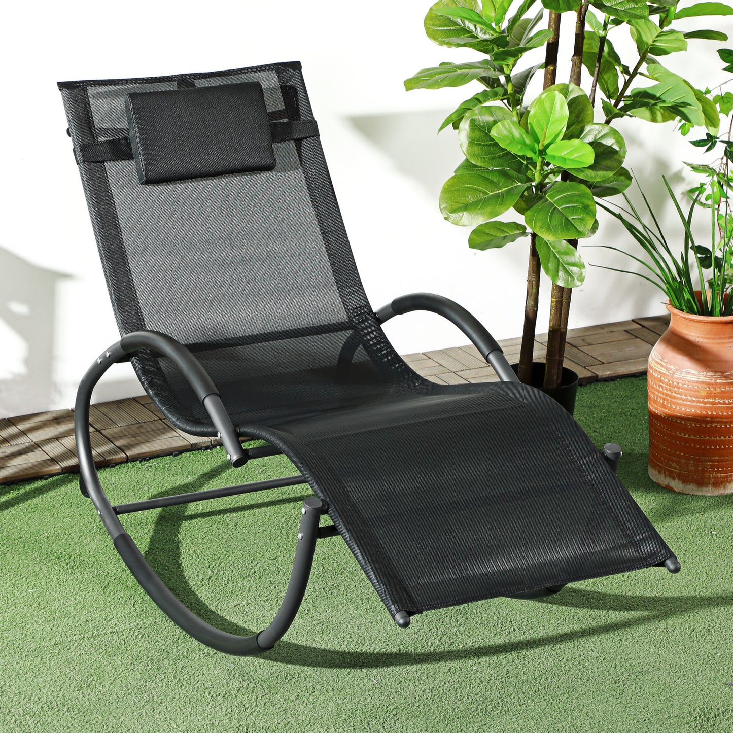 Șezlong de Grădină, Balansoar cu Gravitație Zero, Șezlong Impermeabil cu Tetieră, 155x61x88 cm, Negru