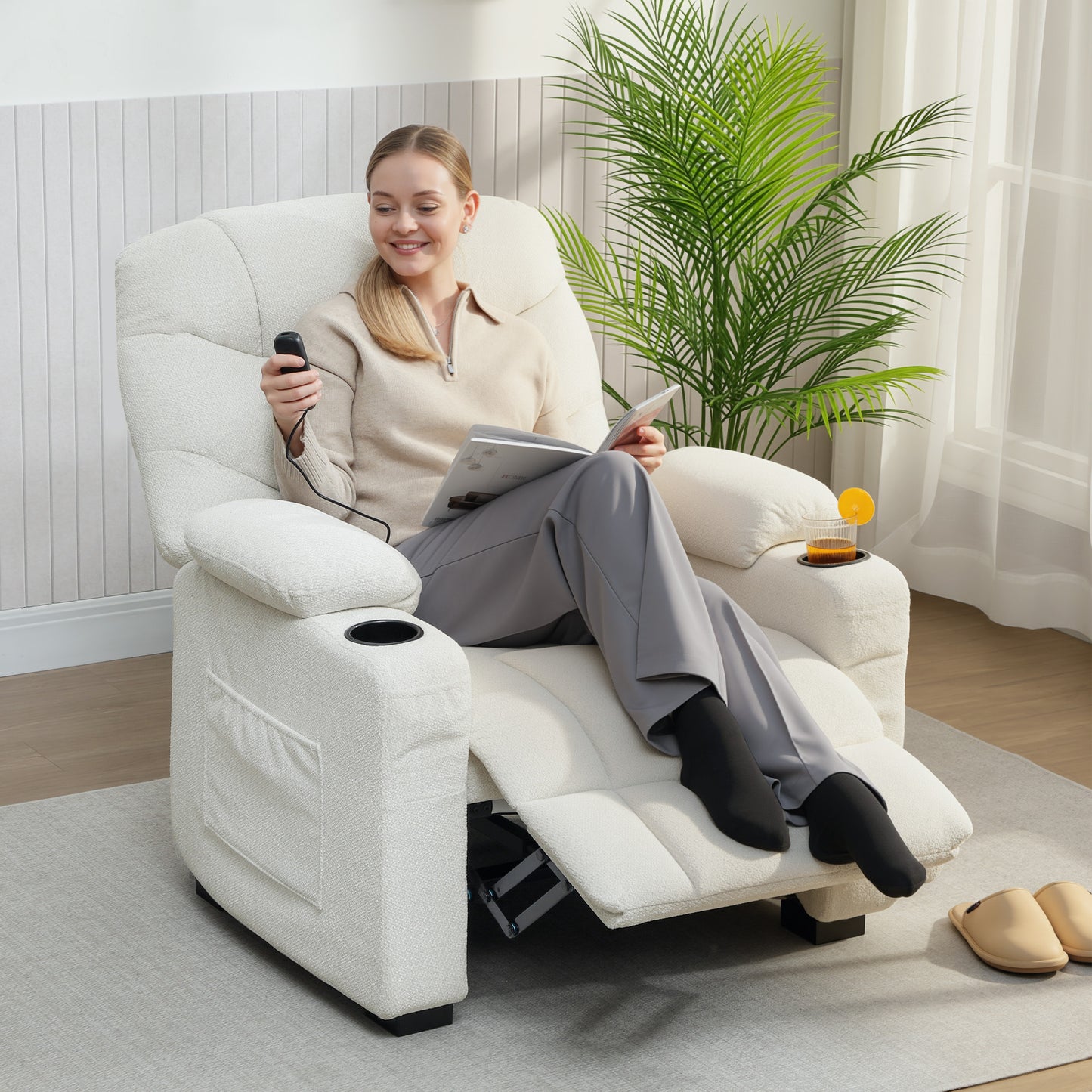 Fotoliu Relax Electric Reclinabil 150° cu Suport pentru Picioare, Funcție Memorie, Telecomandă, din Catifea, Crem