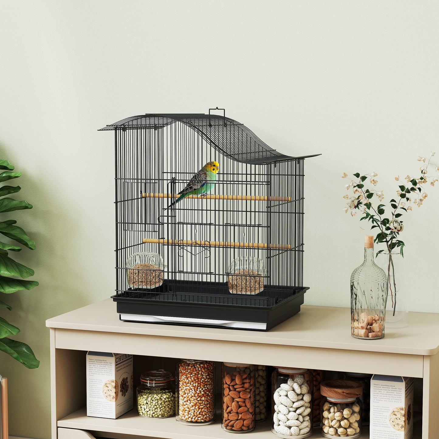 Cușcă pentru Păsări cu 4 Accesuri, 2 Boluri, 2 Stinghii și Tavă Detașabilă, Volieră din Metal și Plastic, 47,5x36x54,5 cm, Negru