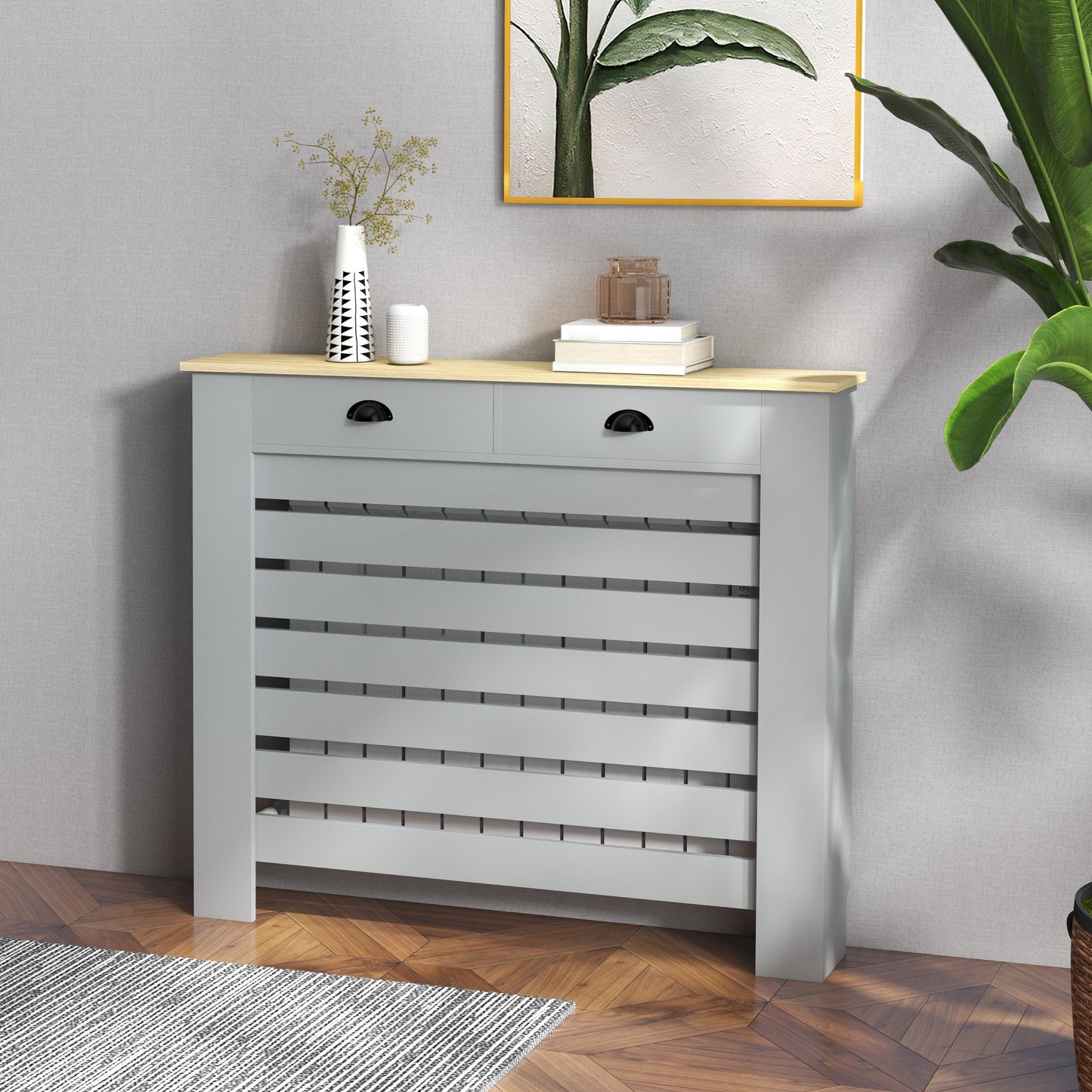 Acoperiș pentru Calorifer din MDF cu Grilaj și 2 Sertare, 111x19x95.5 cm, Gri