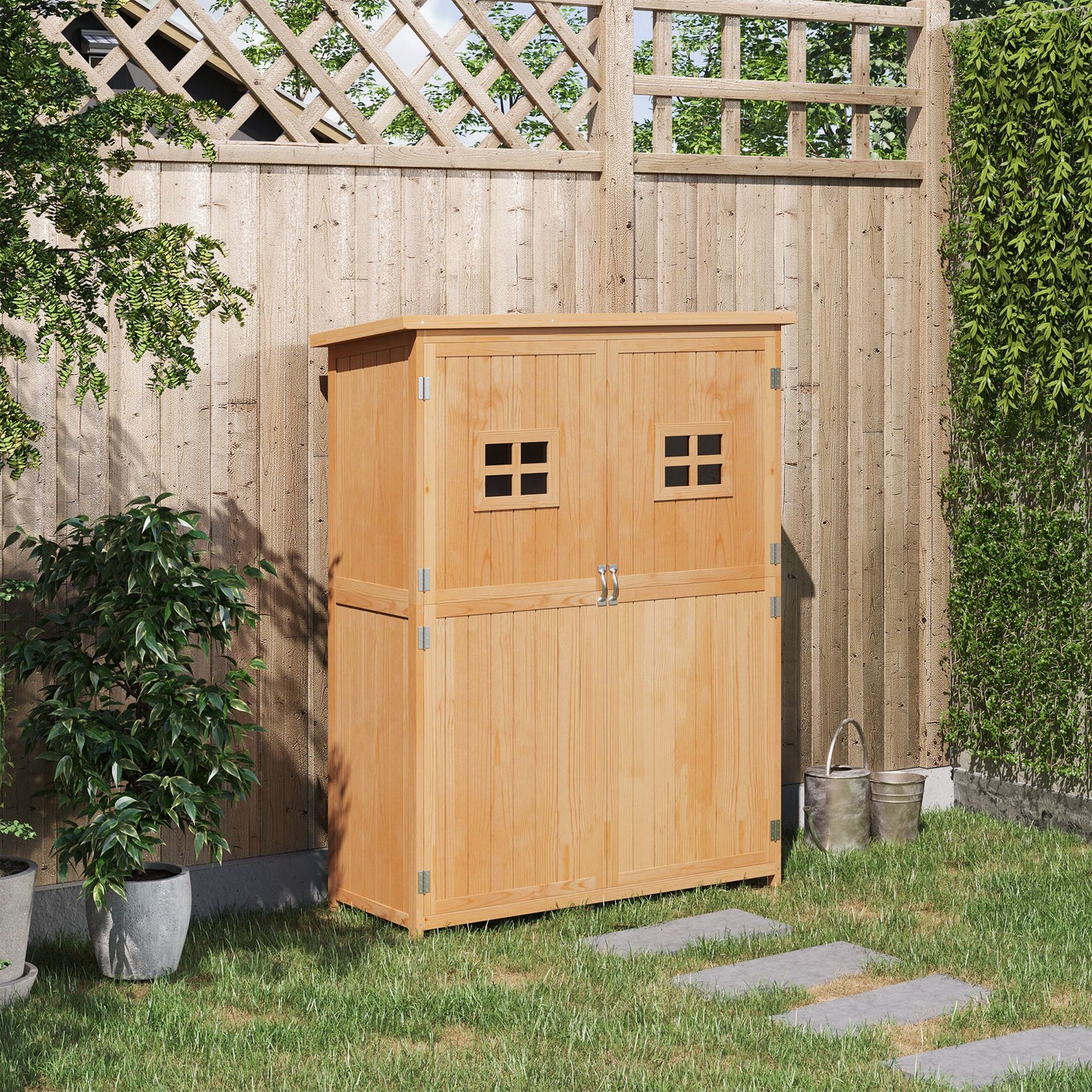 Casuta pentru gradina din lemn de brad, cu rafturi 127.5x50x164