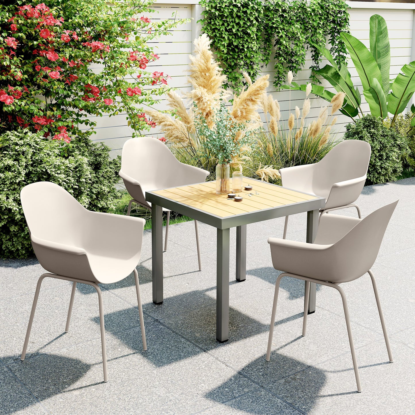 Set 4 Scaune Stivuibile pentru Terasă și Grădină, Scaune de Masă Exterior cu Design Ergonomic, Rezistente la Intemperii, Structură din Oțel, Gri