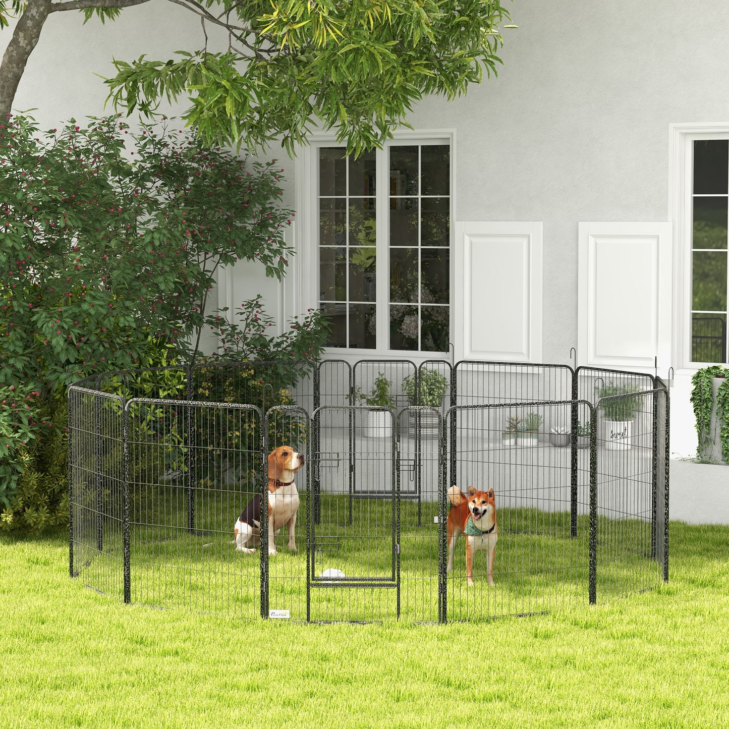 Țarc pentru câini cu 12 panouri modulabile de 80x100 cm, pliabil, cu ușă din oțel și 12 țăruși, gri