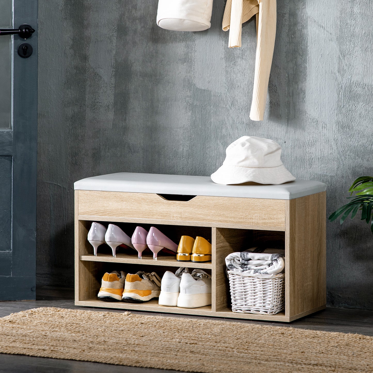 Bancă pentru Pantofi cu 3 Compartimente, Spațiu Ascuns și Șezut din Piele PU, 80x30x43 cm, Lemn Natural