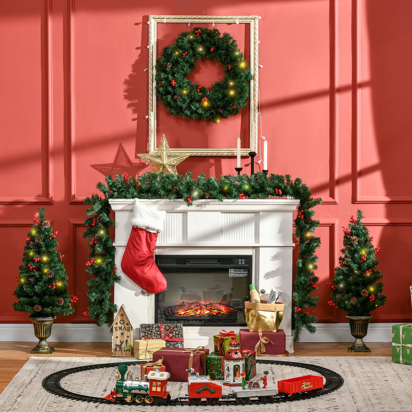 Set de decoratiuni pentru Craciun set 4 piese, coroana de ghirlande si set de 2 copaci cu lumini LED albe calde, fructe de padure rosii, pini de pin, verde