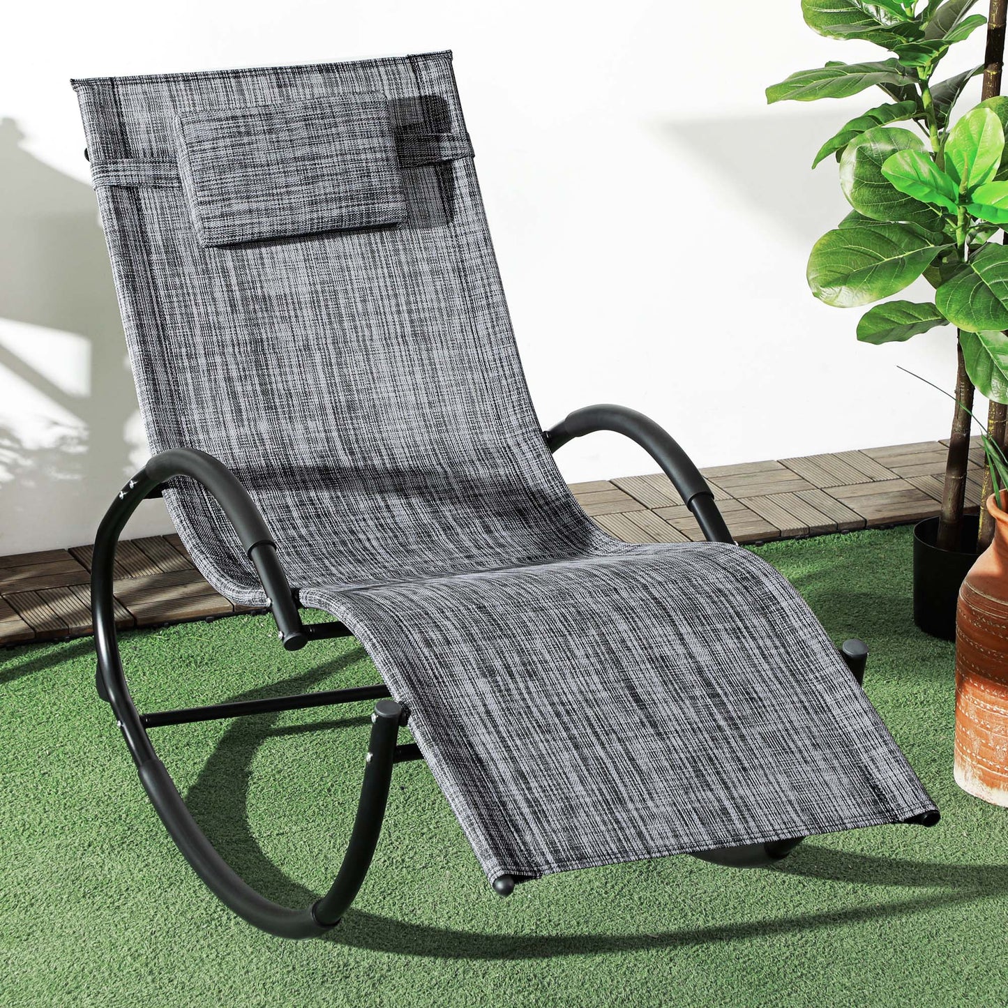 Șezlong balansoar Zero-Gravity pentru exterior, impermeabil, cu pernă pentru cap, 155x61x88 cm, gri