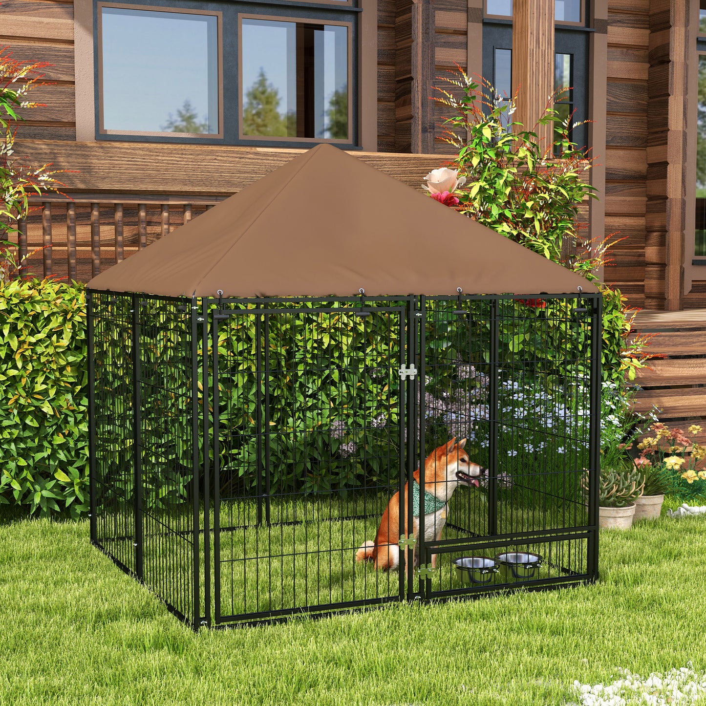 Țarc pentru câini din metal și material Oxford cu ușiță pentru boluri, 141x141x151 cm, negru și maro