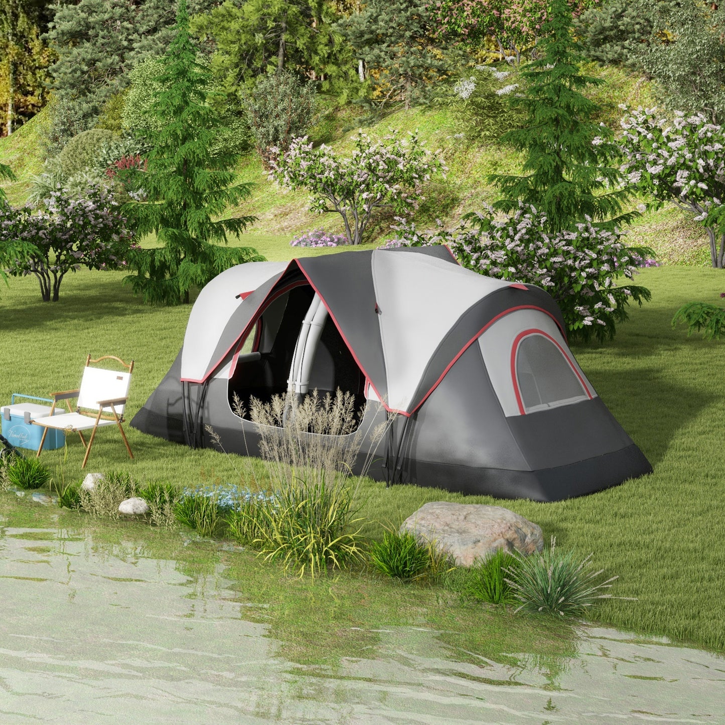 Cort de Camping pentru 6 Persoane cu 2 Camere Separate, Poliester și Fibră de Sticlă, 450x215x180 cm, Gri