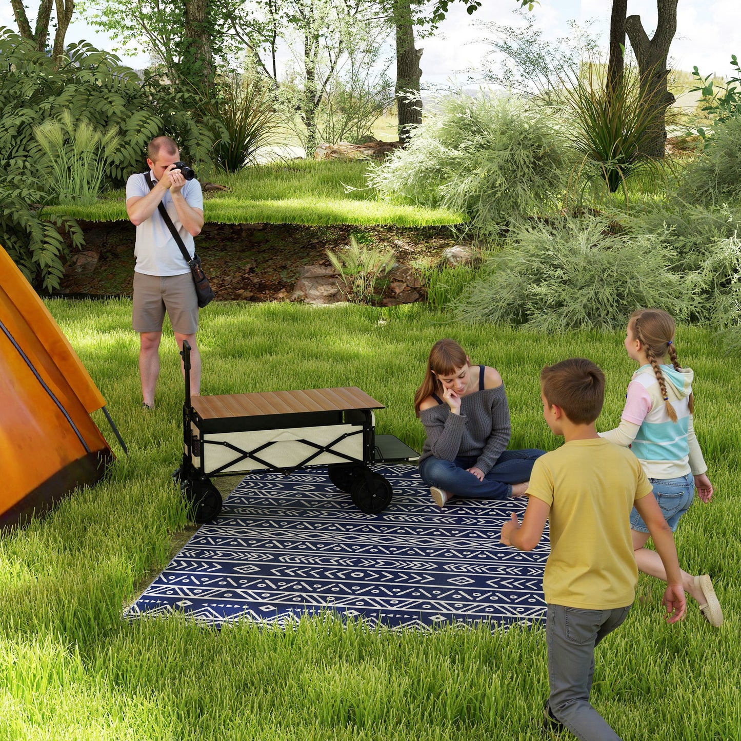 Covor de Exterior Reversibil Stil Geometric cu Geantă de Transport, 182x274 cm, Albastru și Alb
