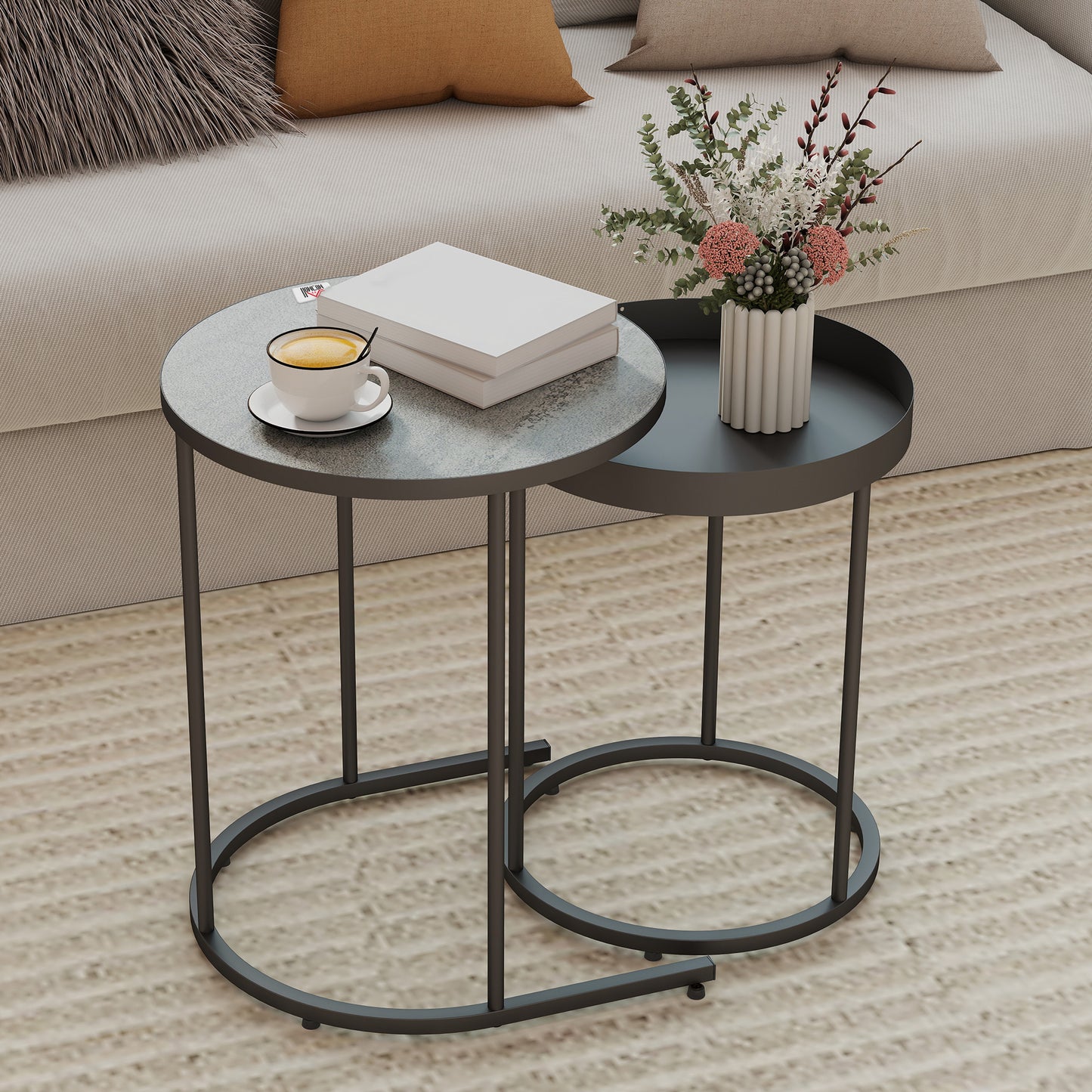 Set 2 Măsuțe de Cafea Stivuibile în Stil Industrial, din Lemn și Metal, Ø42x54 cm și Ø36.5x48.5 cm, Gri și Negru