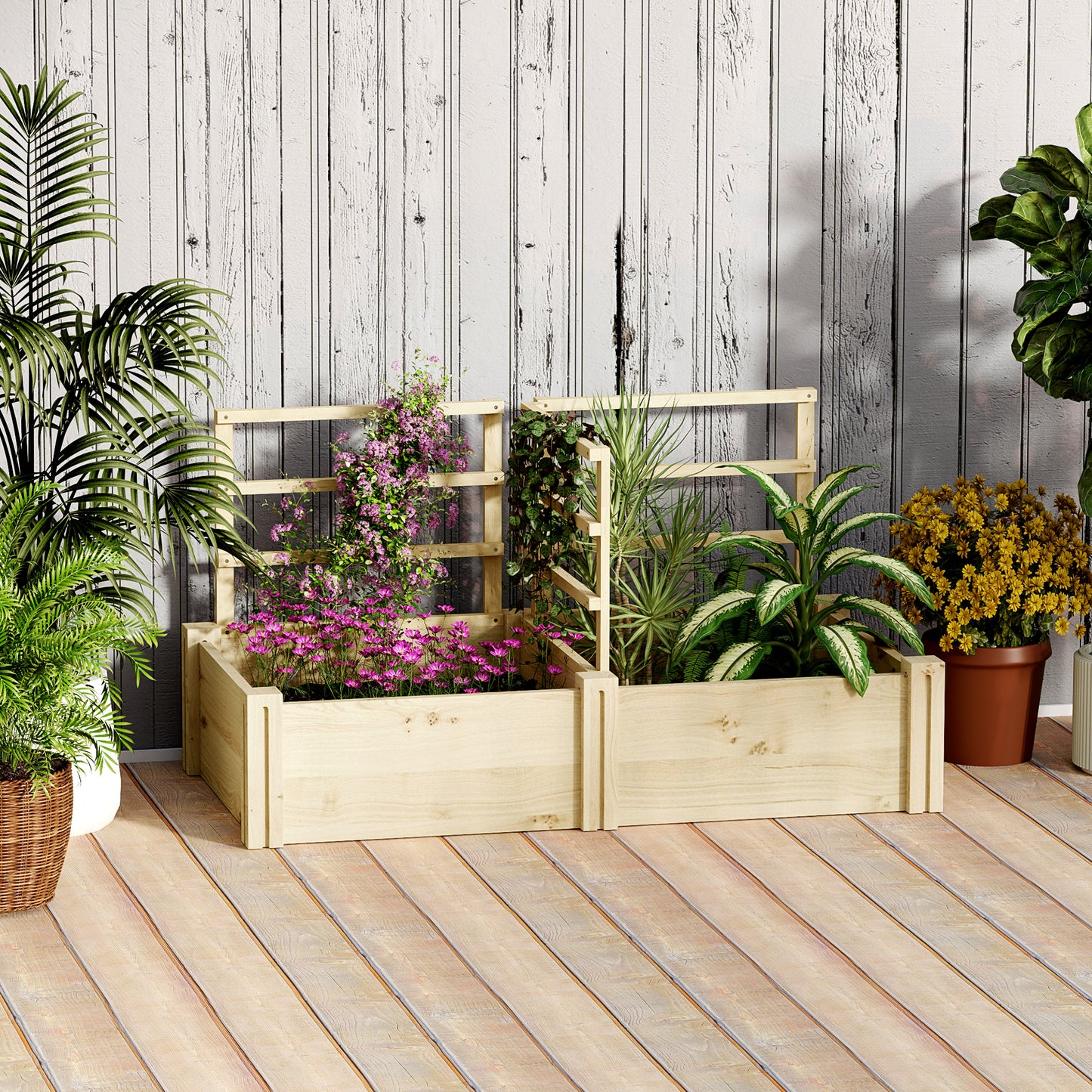 Jardinieră Înălțată din Lemn cu 3 Suporturi pentru Plante, 119x62,5x64 cm, Natural