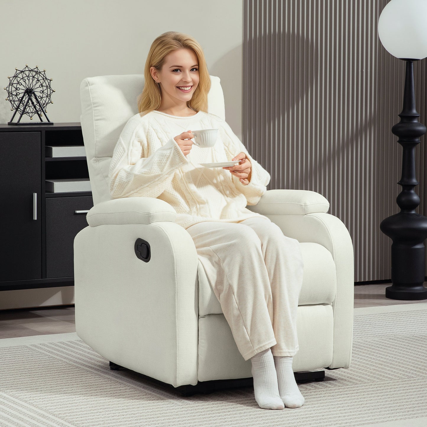 Fotoliu Recliner din In cu Suport Reglabil pentru Picioare, 69x91,5x103 cm, Alb crem