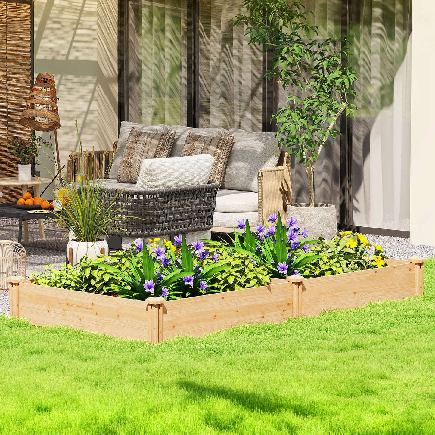 Pat de Grădină Ridicat de Exterior cu Separator Central și Bază Deschisă, Jardinieră din Lemn de Brad, pentru Flori, Legume, Balcon, Grădină, 235x121x26 cm, Culoare Lemn