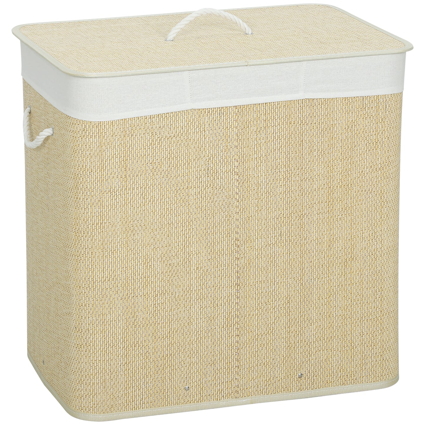 Coș pentru Rufe din Bambus cu Capac, 144L, 3 Compartimente, Sac Detașabil și Lavabil, Mânere, Crem