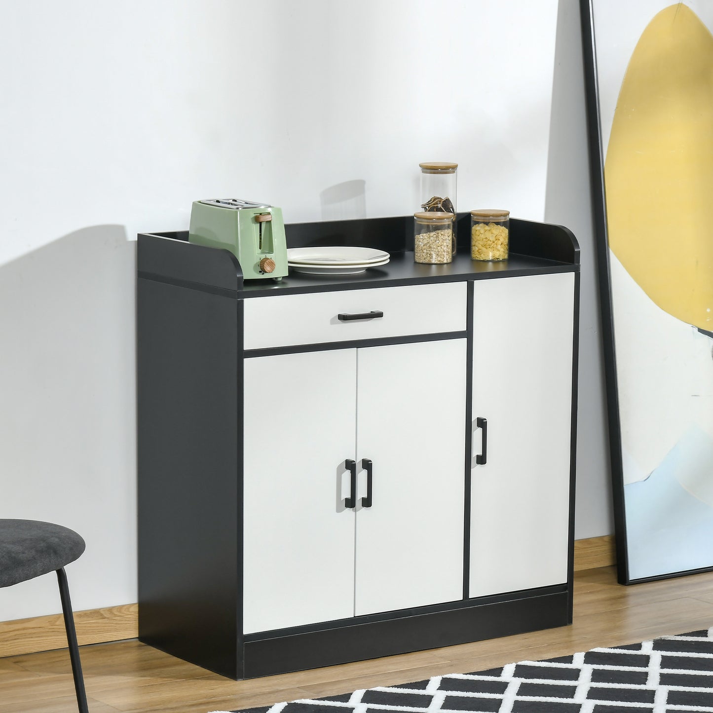 Dulap de bucătărie modern cu 2 dulapuri, 1 sertar și rafturi reglabile, 90×40×90 cm, alb-negru