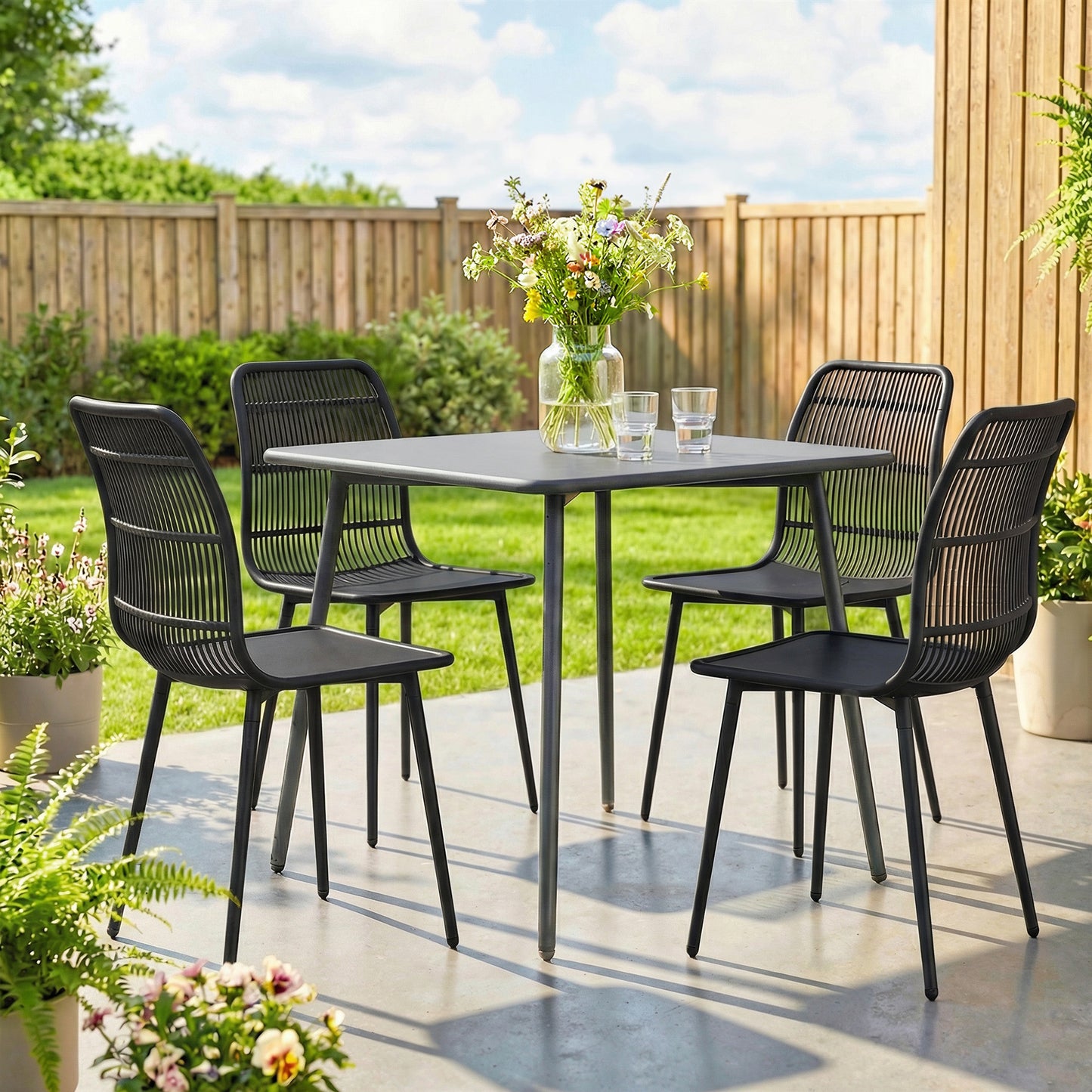 Scaune de Dining pentru Exterior Set de 4, Scaune de Grădină cu Spatar Fisurat, Negru