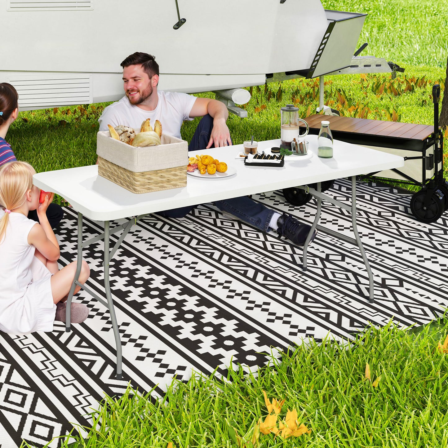 Masă de Camping Pliabilă cu Mâner, Cadru Metalic și Blat din Plastic, 180x74x74 cm, Alb