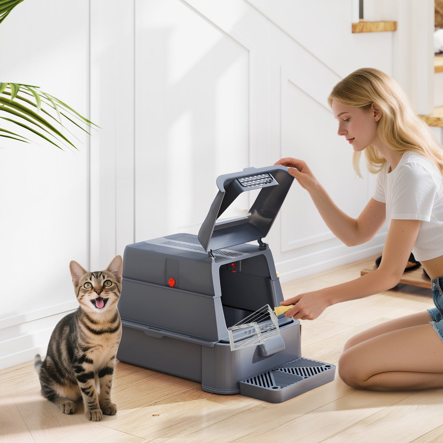 Litieră Închisă de 80L pentru Pisici cu Tavă Detașabilă, în ABS și Oțel Inoxidabil, 63x43x43 cm, Gri Închis