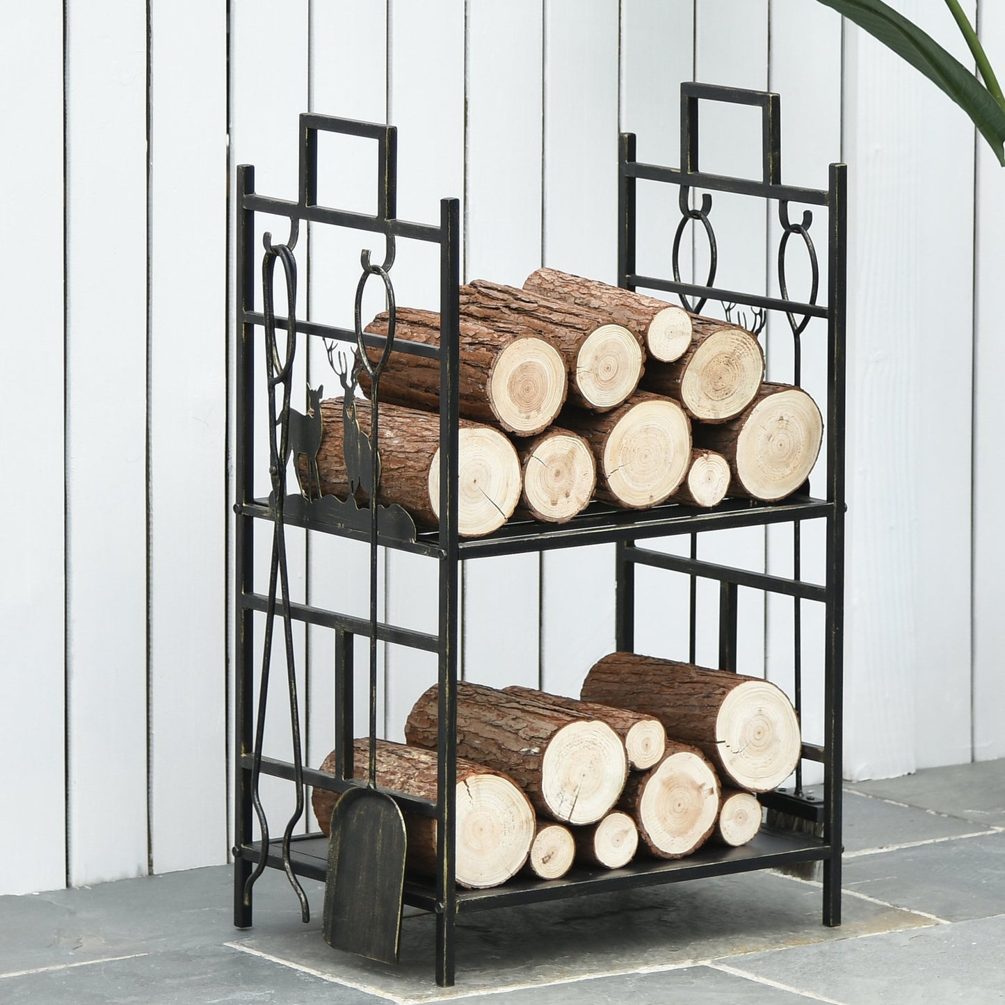 Suport Lemne de Foc din Fier Forjat cu Instrumente pentru Semineu si Manere, Baza Suport Lemne Inaltata si Decorata, 51.5x33x77cm - Negru