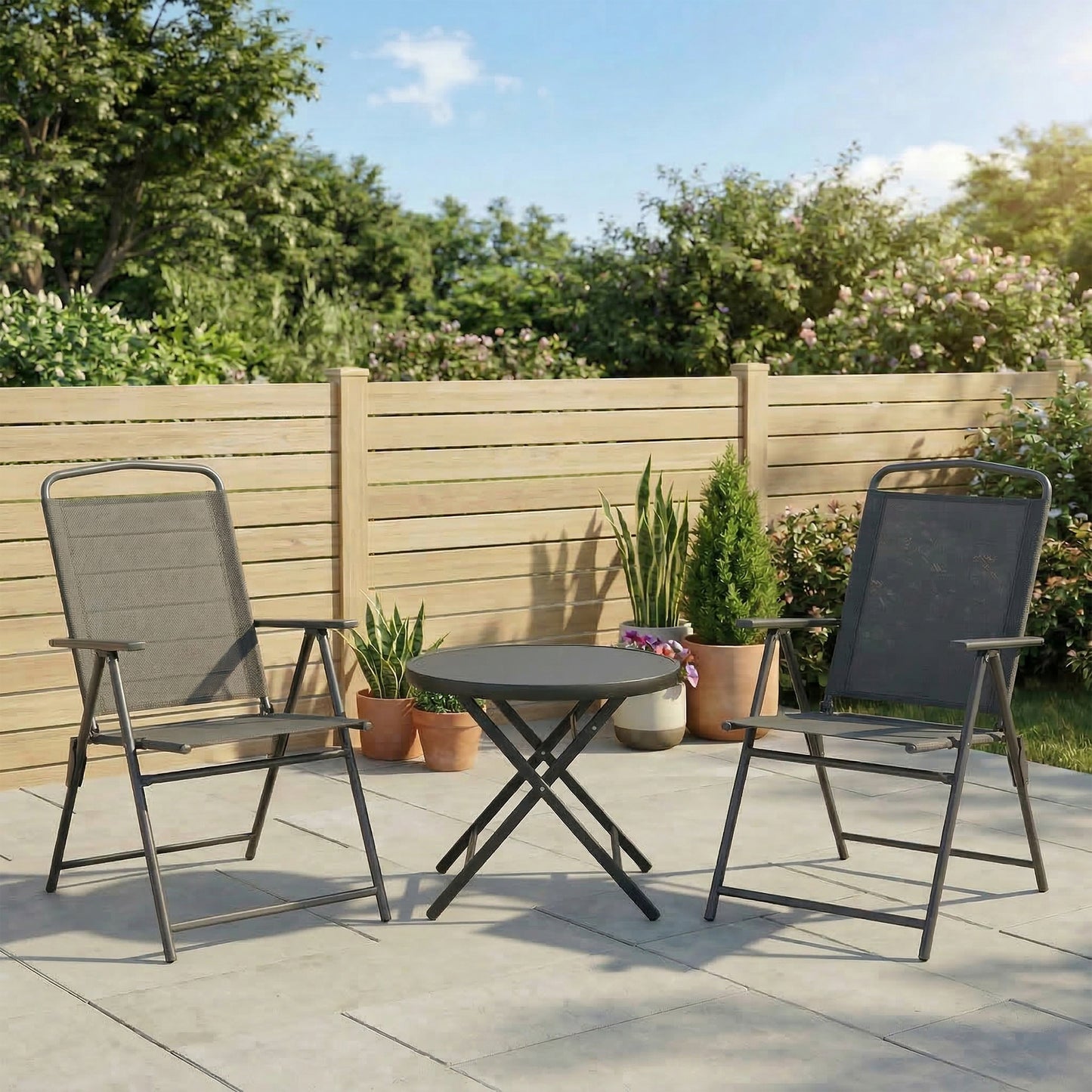 Set de grădină 3 piese cu 2 scaune 53.5x64x93 cm și măsuță de cafea Ø45x50 cm, din metal, gri închis