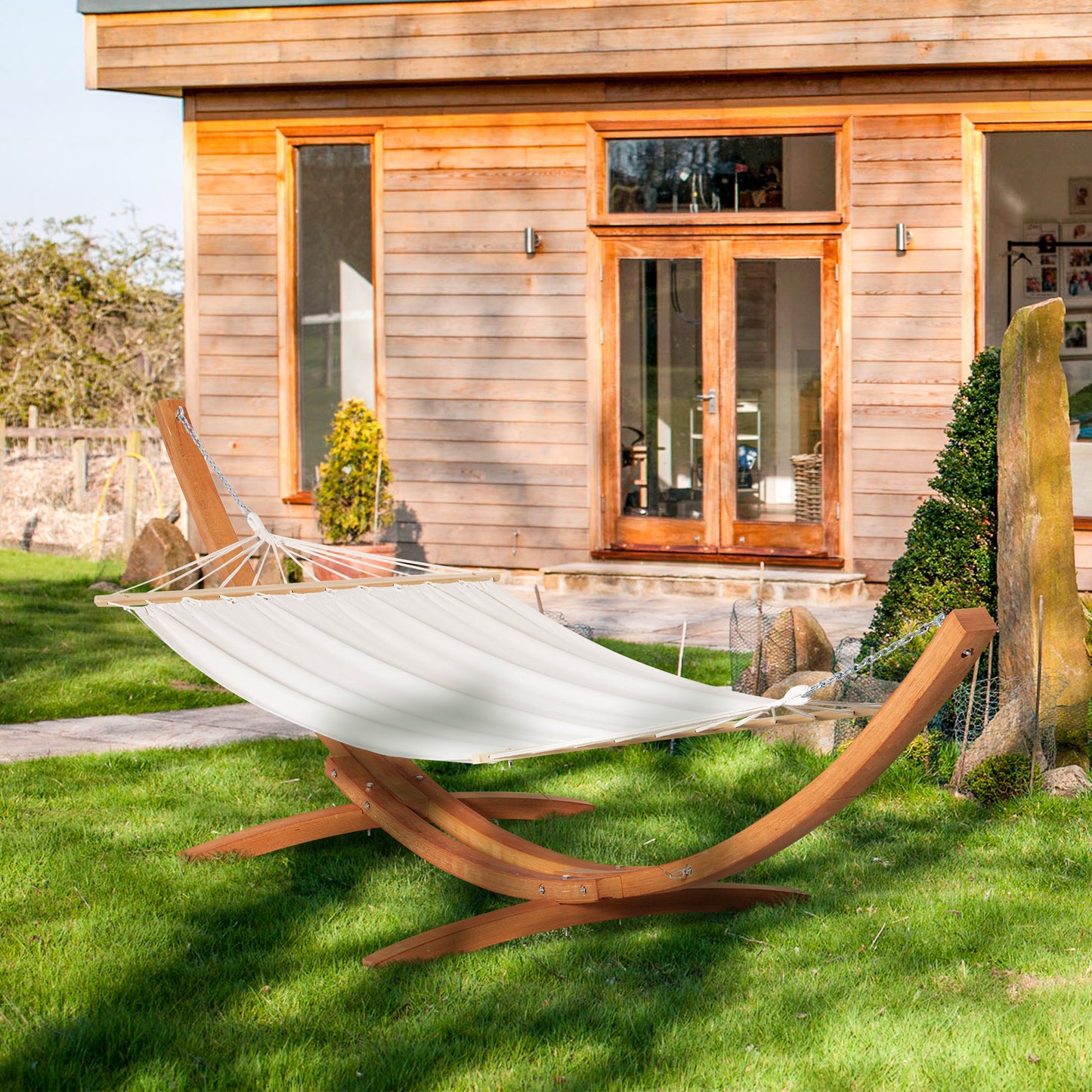 Hamac cu Suport din Lemn si Bumbac, Hamac de Gradina pentru alte Spatii Exterioare, 392x120x102cm, Alb
