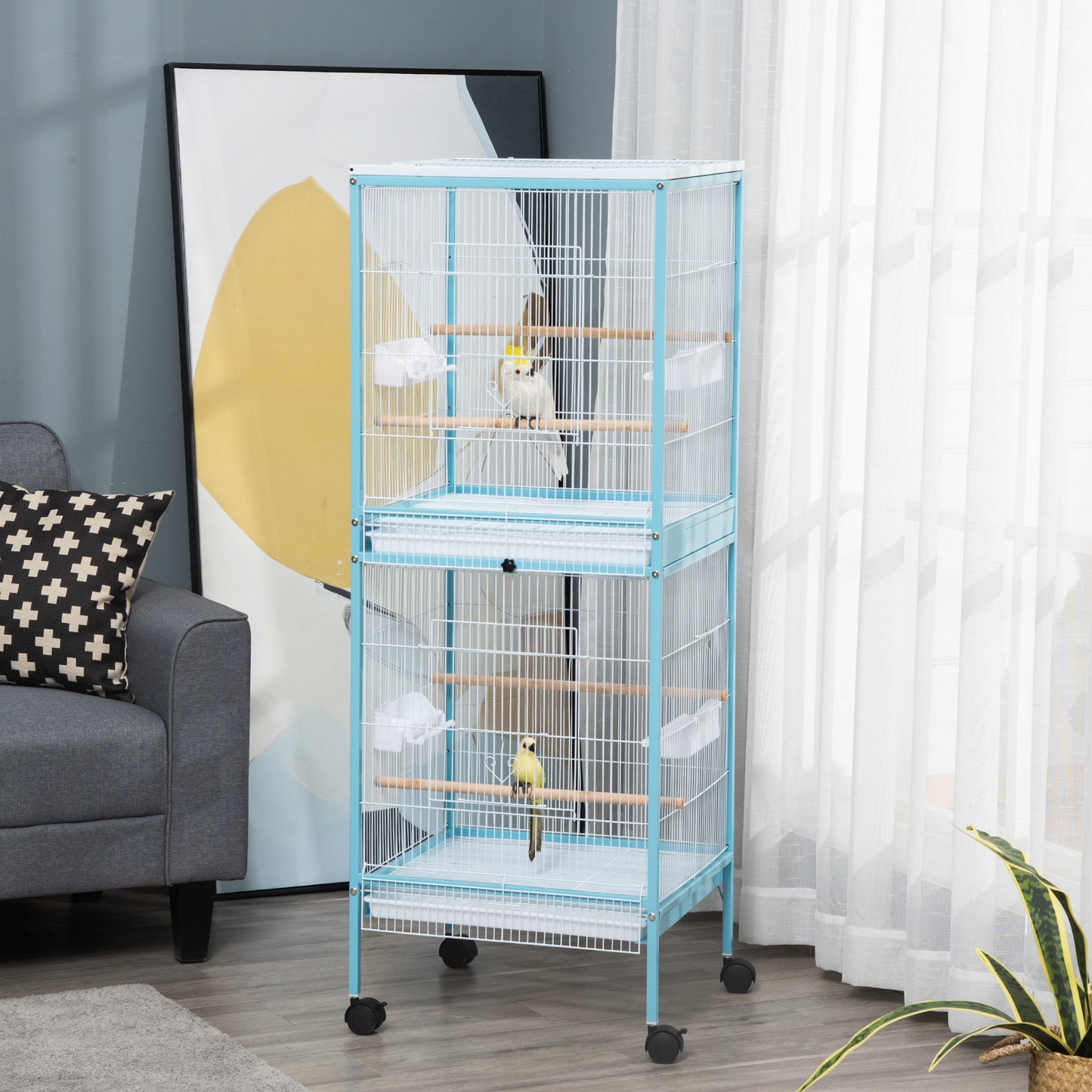 Colivie pentru Pasari 2 in 1 Voliera pentru Interior cu 4 Roti Pivotante, Tavi Detasabile si Recipiente din plastic, 51,5x50x140cm, Albastra