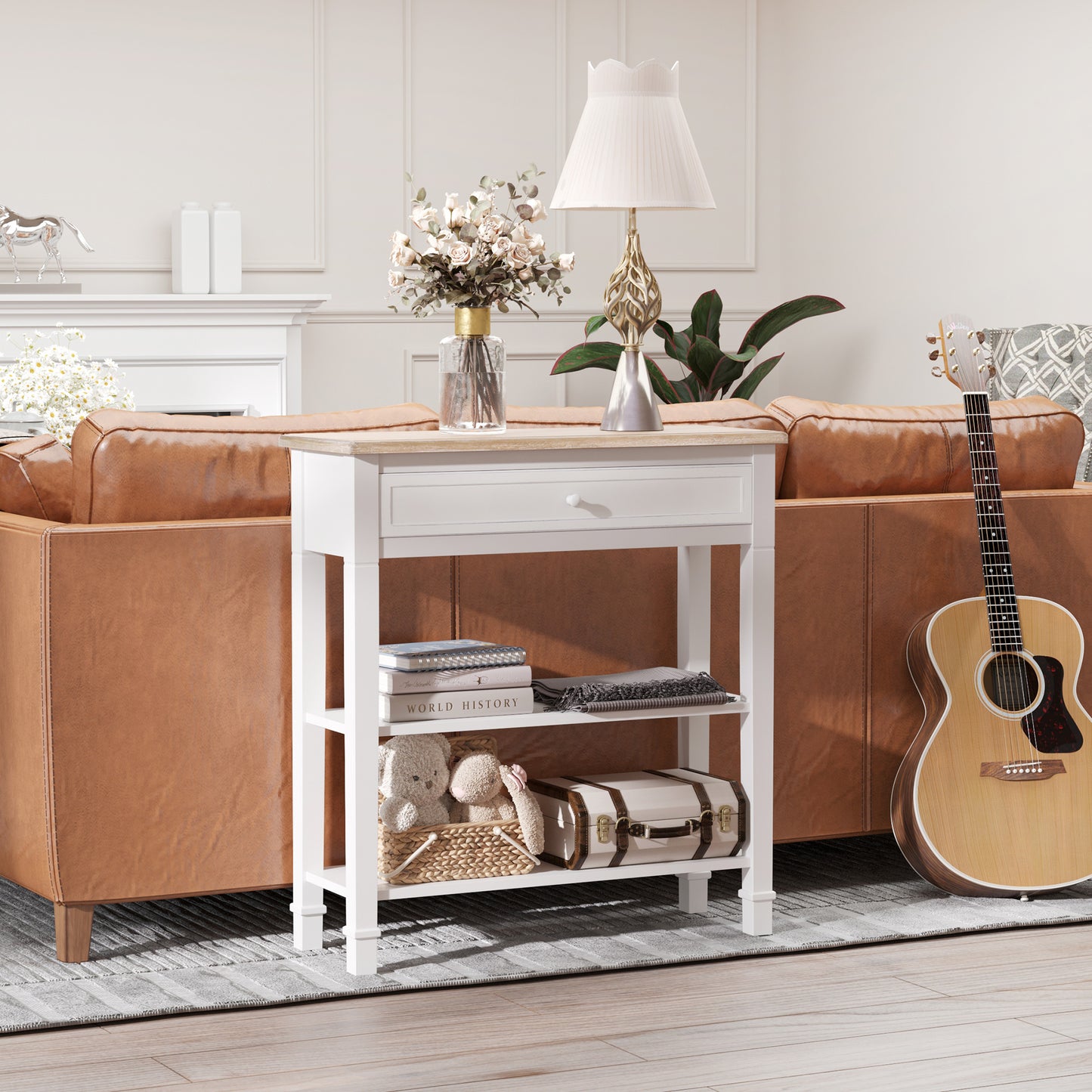 Masa hol, cu sertar, lemn pin, 75.6x27.5x80.5cm, alb