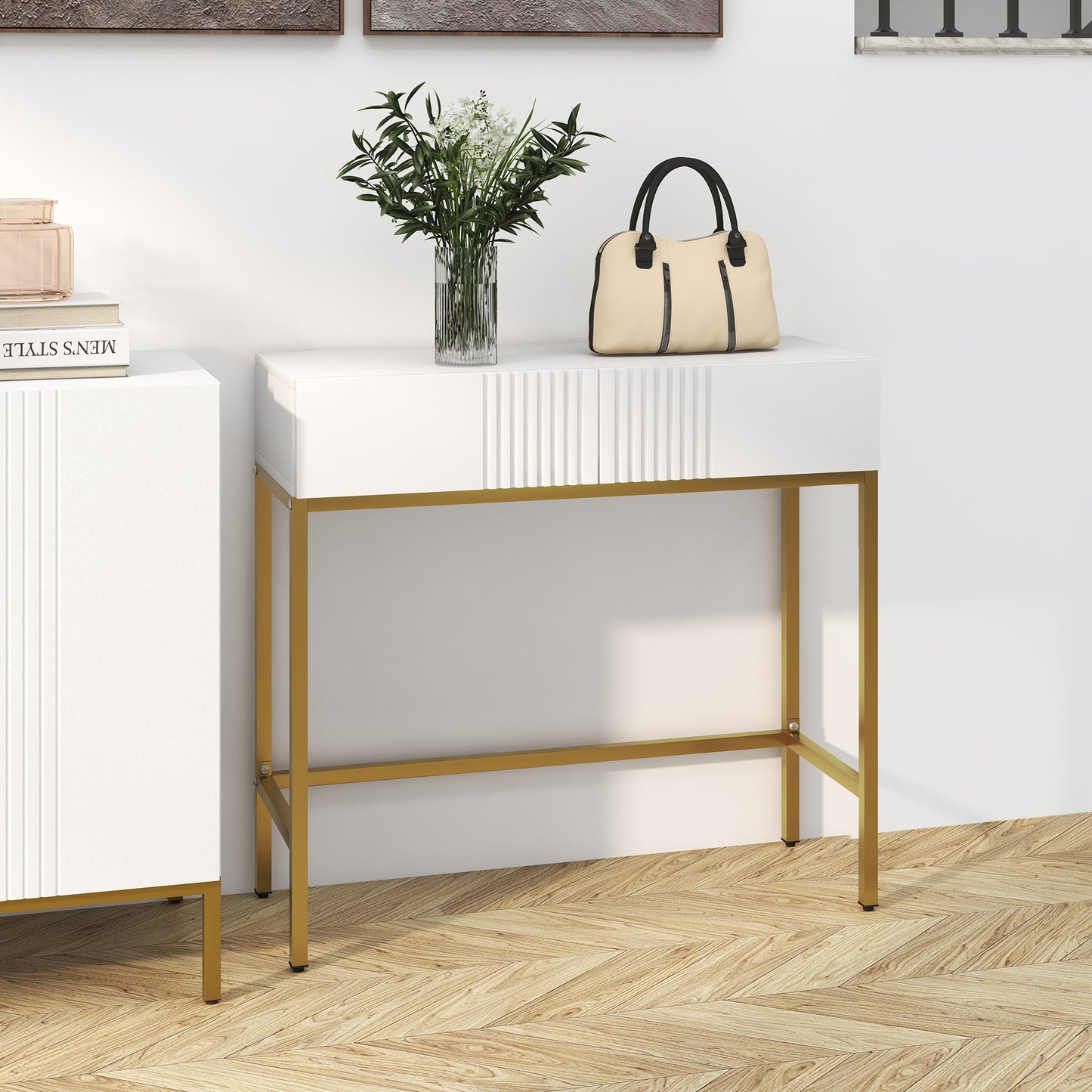 Masă Consolă cu 2 Sertare, Masă Modernă de Intrare cu Bază din Oțel în Ton Auriu, 80x31.5x75 cm, Alb