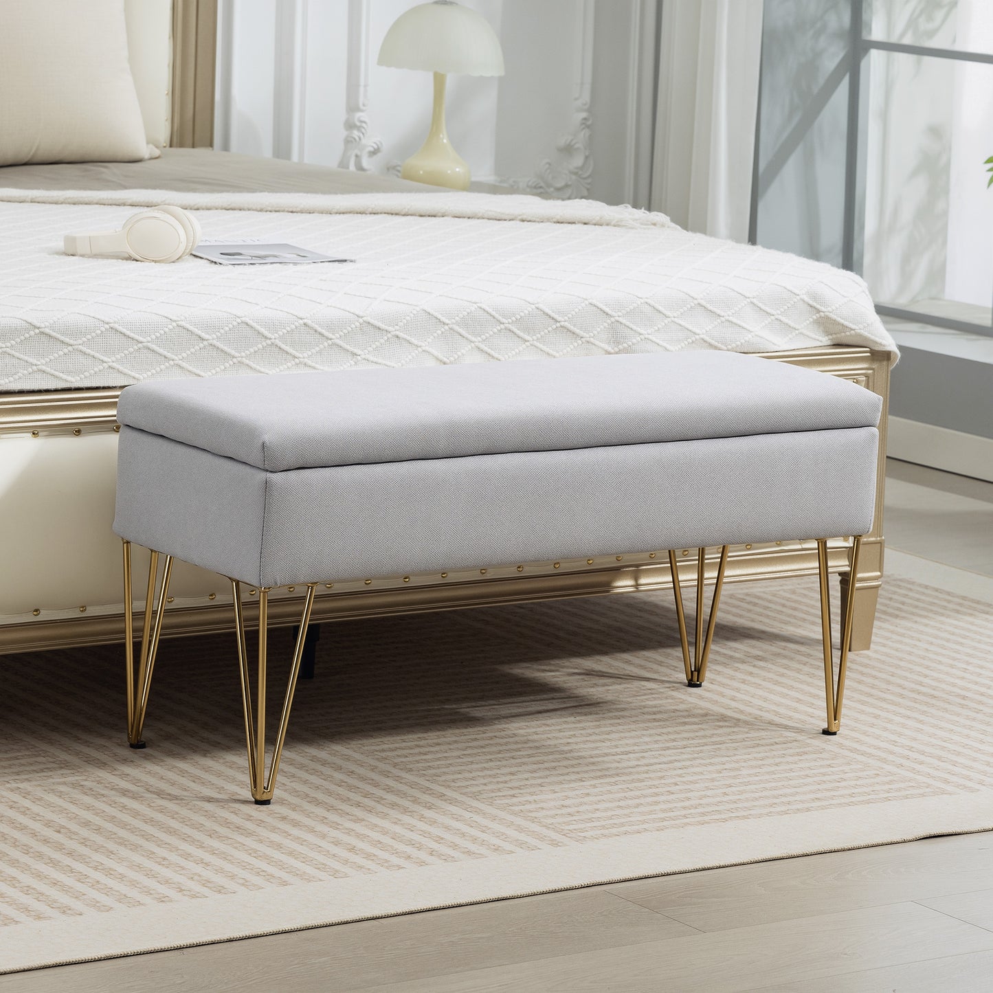 Bancă pentru capătul patului cu spațiu de depozitare, din material textil și picioare din oțel, 100x40x49 cm, gri deschis