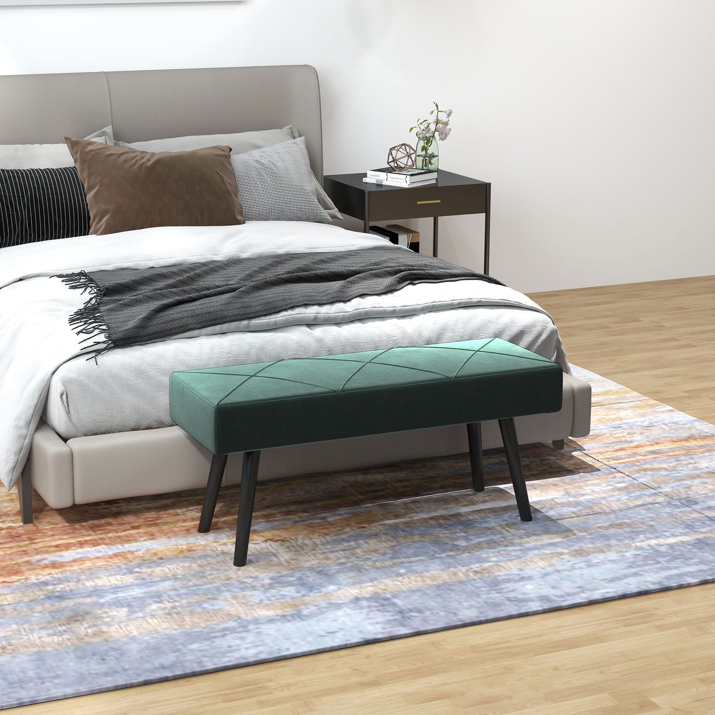 Bancă Tapițată pentru Dormitor, din Catifea și Oțel, 100x36x45 cm, Verde și Negru