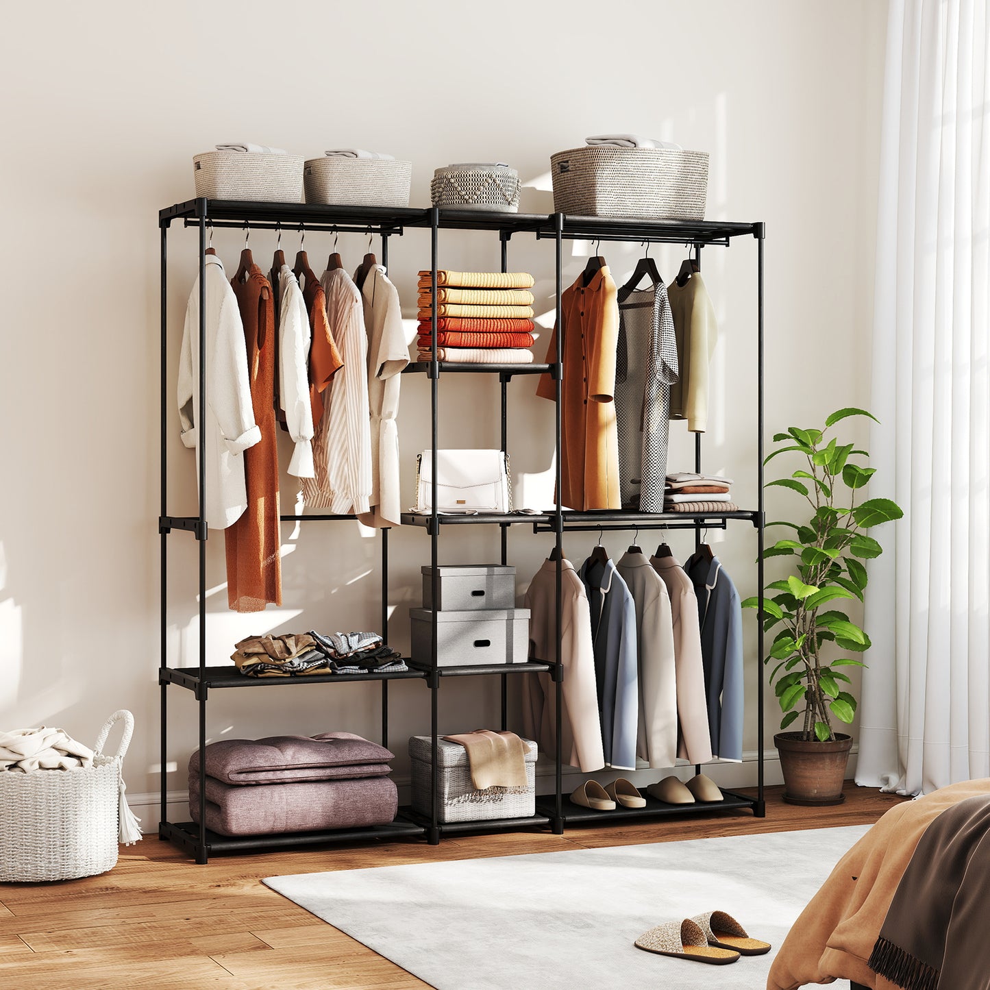 Dulap Garderobă din Material Textil cu 8 Rafturi și 3 Bare pentru Umerașe, 182x43x185 cm, Negru
