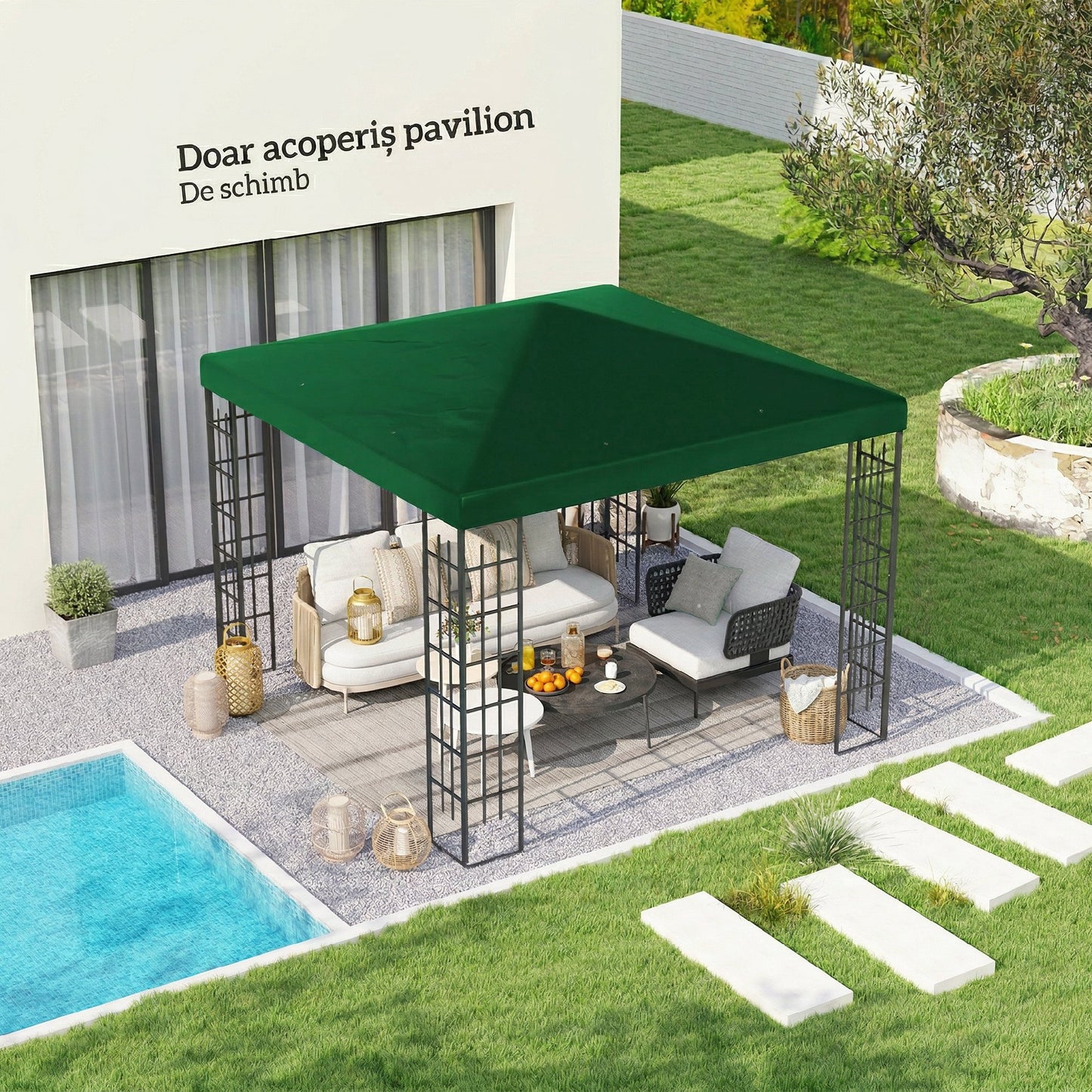 Acoperiș pentru Foișor de Grădină 3x3 m din Material Textil Oxford 600D cu Orificii de Drenaj, Verde