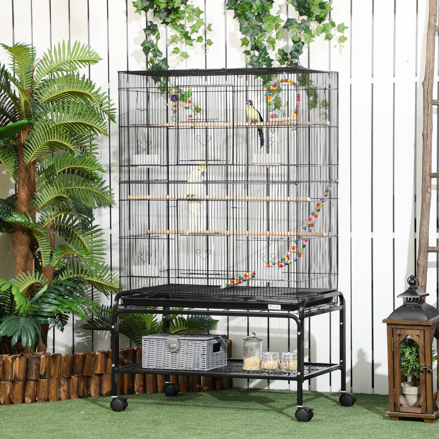 Cusca pentru pasari cu suport, jucarii, roti, pentru canari, cinteze, agapornis, perusi, cusca cu accesorii, raft de depozitare, Negru
