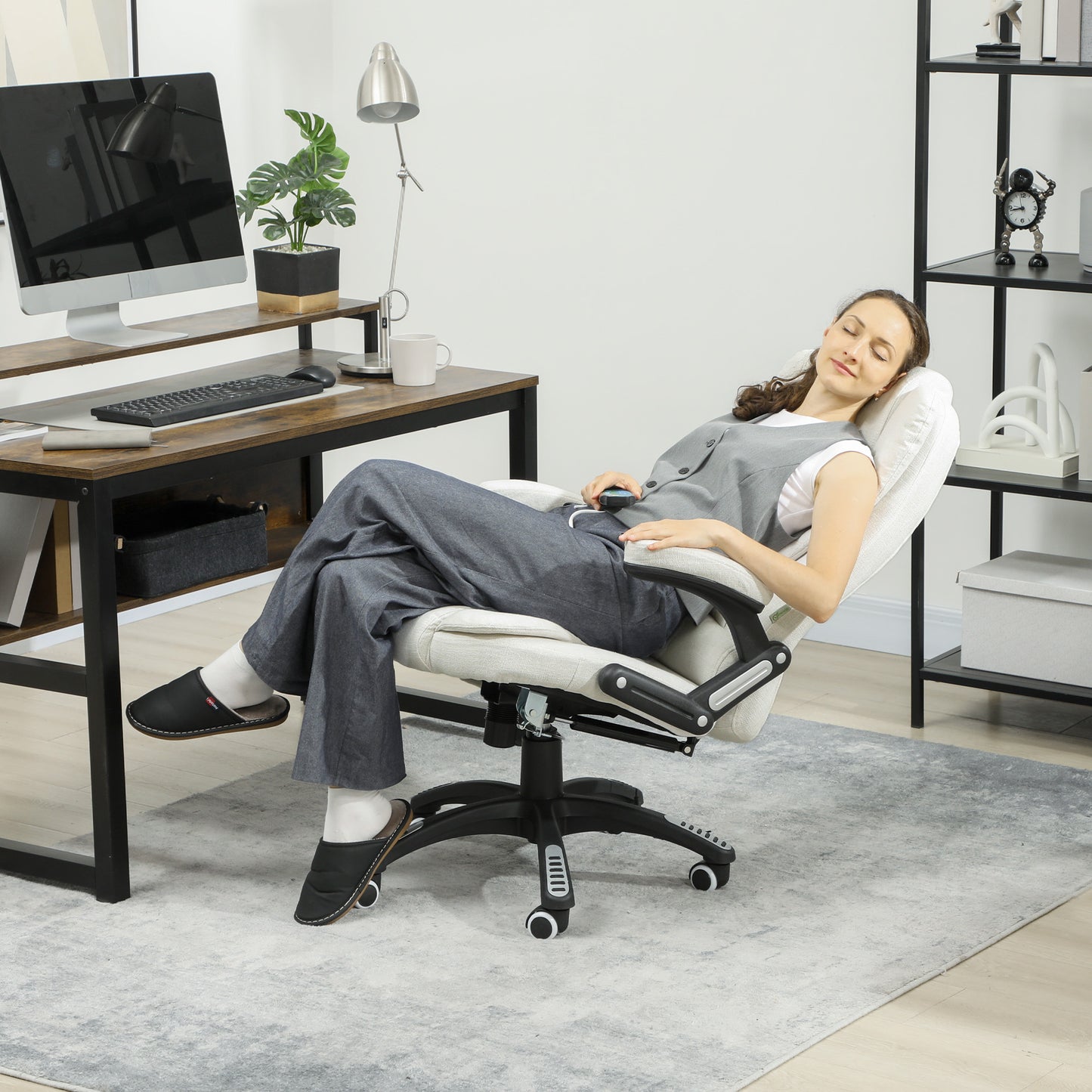 Scaun de Birou Reclinabil cu Masaj, Înălțime Reglabilă, Telecomandă, Textil cu Aspect de In, Crem