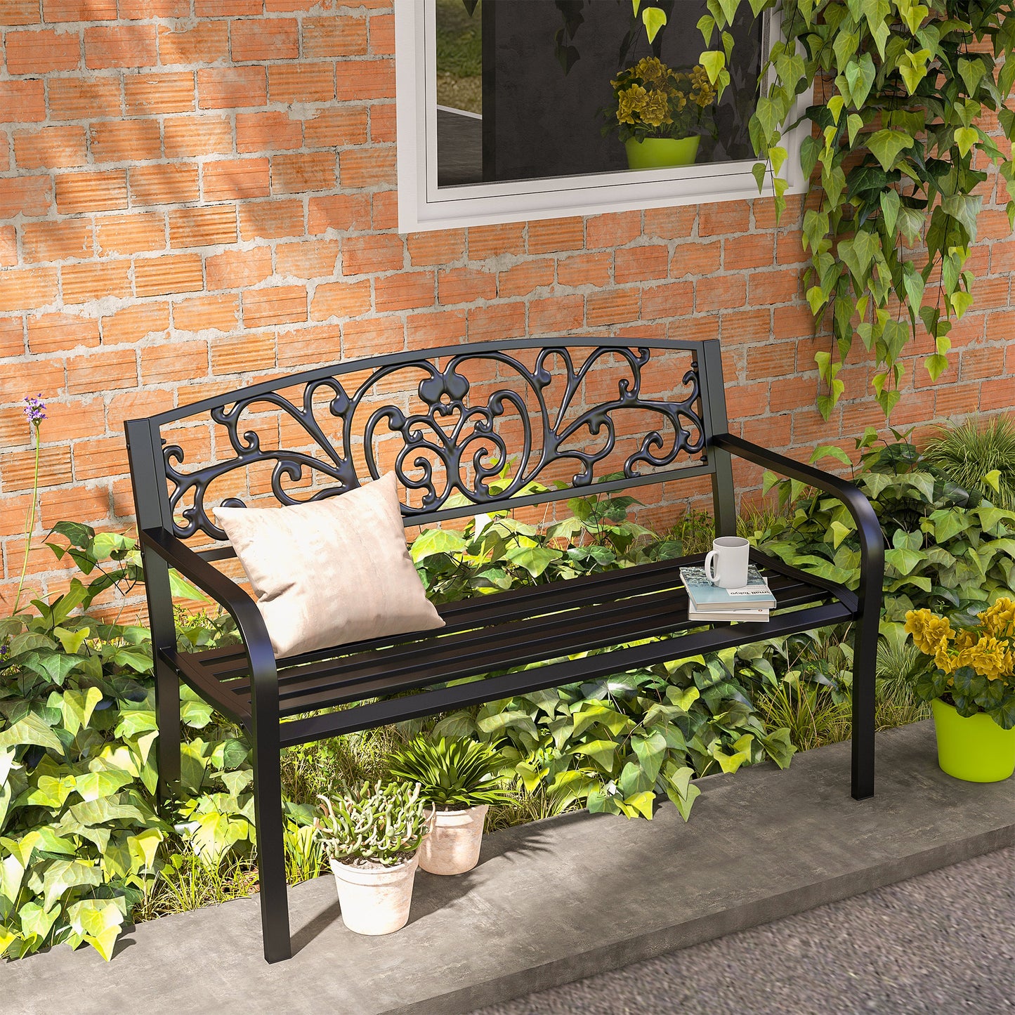 Banca de gradina din metal cu spătar decorat, 127x60x87cm – negru