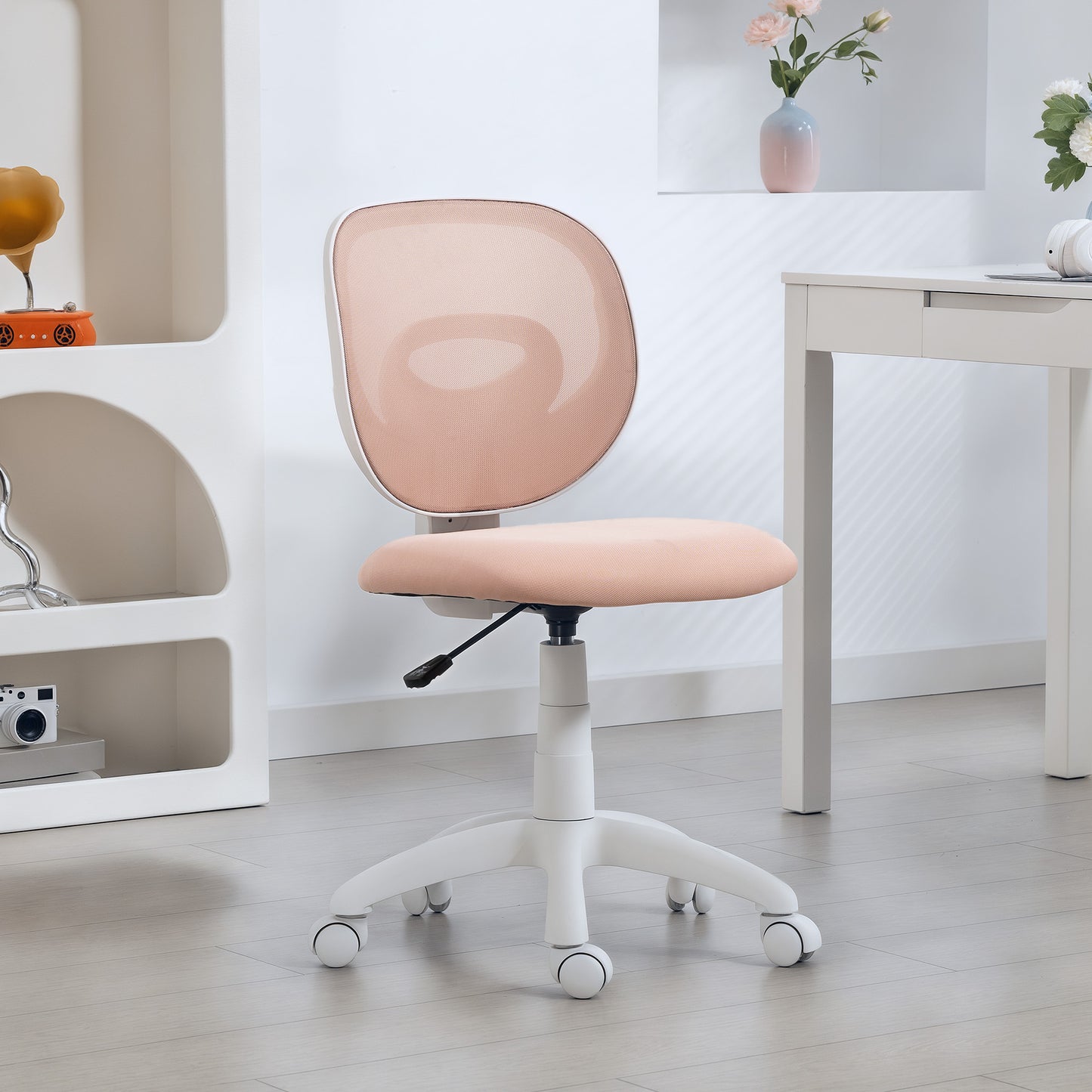 Scaun de Birou Ergonomic Rotativ din Material Tip Plasă Respirabil Fără Brațe, Înălțime Reglabilă, Roz