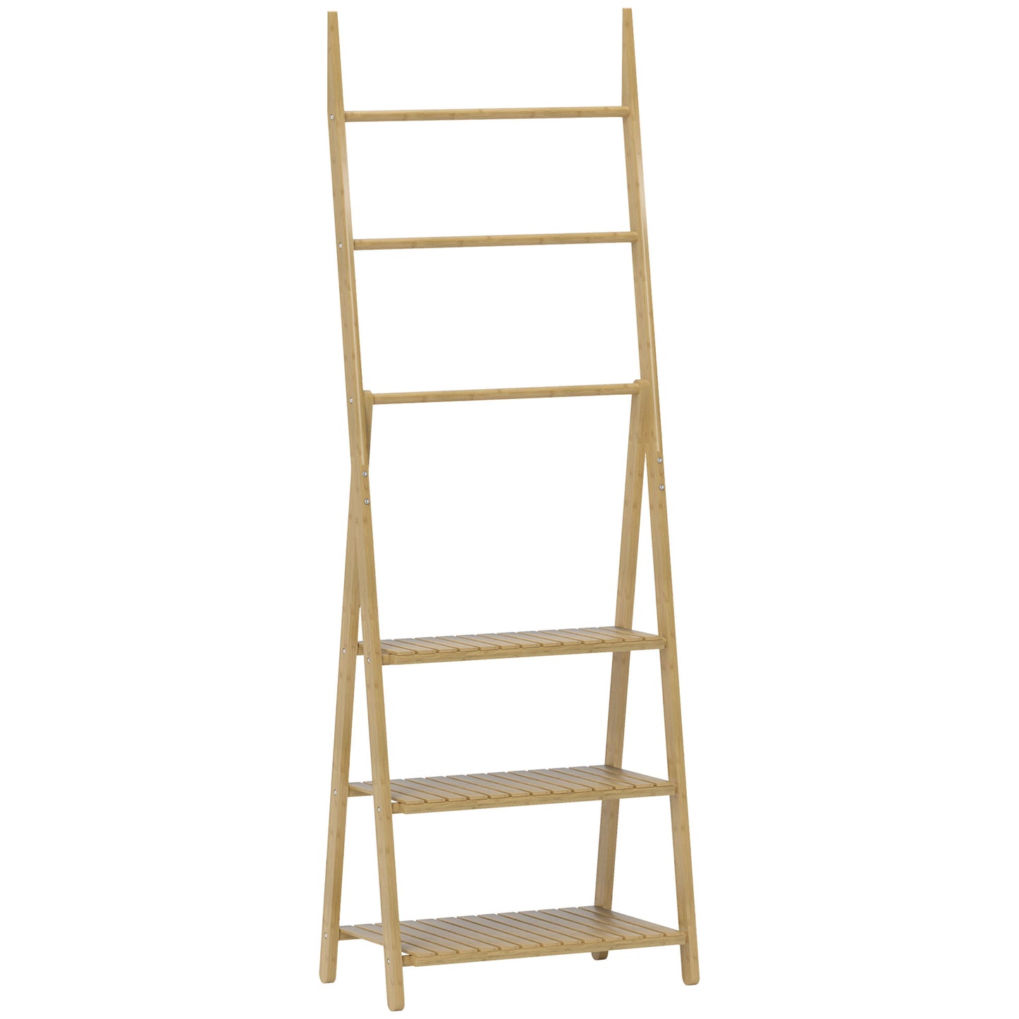 Raft de Baie Pliabil pentru Prosoape cu 3 Rafturi și 3 Bare, 53,5x30x153 cm, Lemn Natural