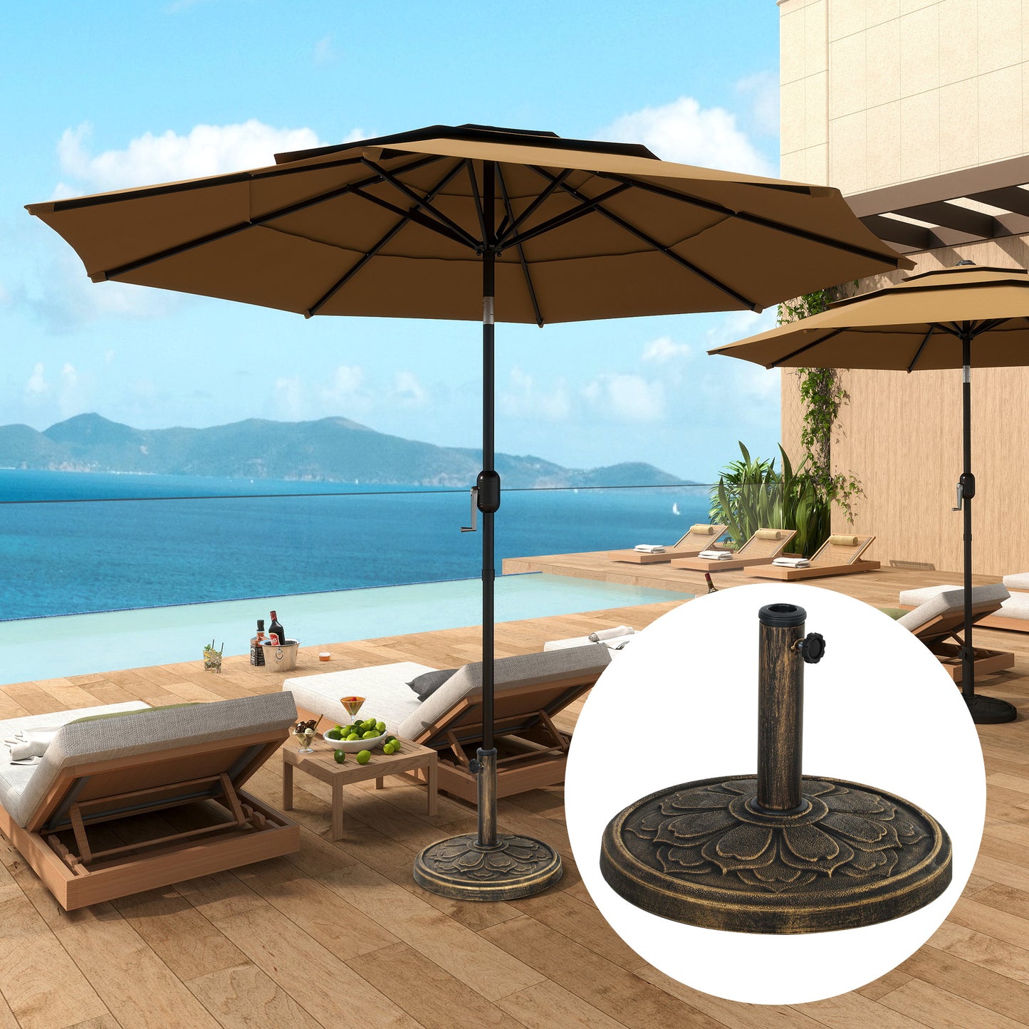 Bază pentru Umbrelă de 12 kg cu Manetă Integrată, din Rășină, Metal și Ciment, Ø46x33 cm, Bronz