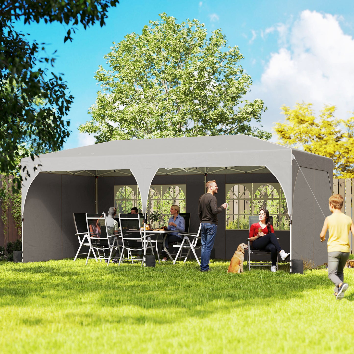 Gazebo 3x6 m Pliabil Pop Up cu Înălțime Reglabilă, Gazebo Exterior cu Benzi Reflectorizante, Pereți Laterali, Saci de Nisip, Geantă de Transport, UV50+, pentru Camping, Petreceri, Gri Deschis