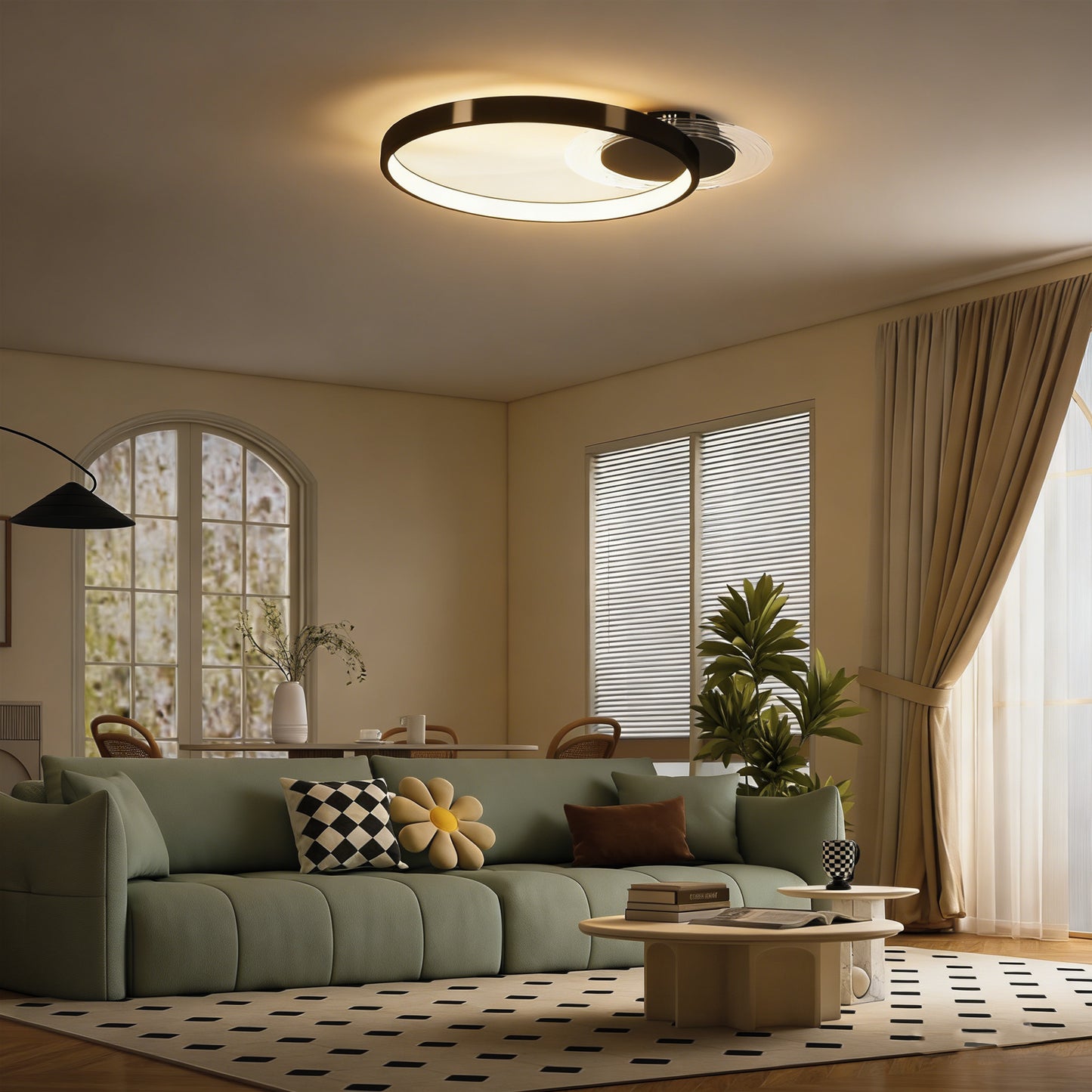 Lampă de tavan LED Modernă de 40W cu 2 Inele și Lumină Reglabilă, Negru