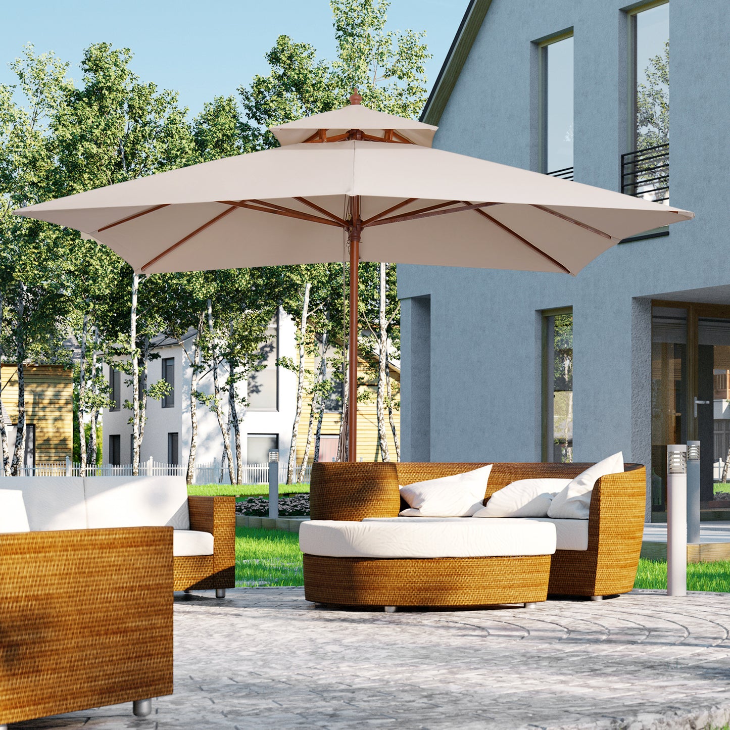 Umbrela de Soare de Gradina Acoperis Dublu , Bambu si Poliester,Crema, 3x3m