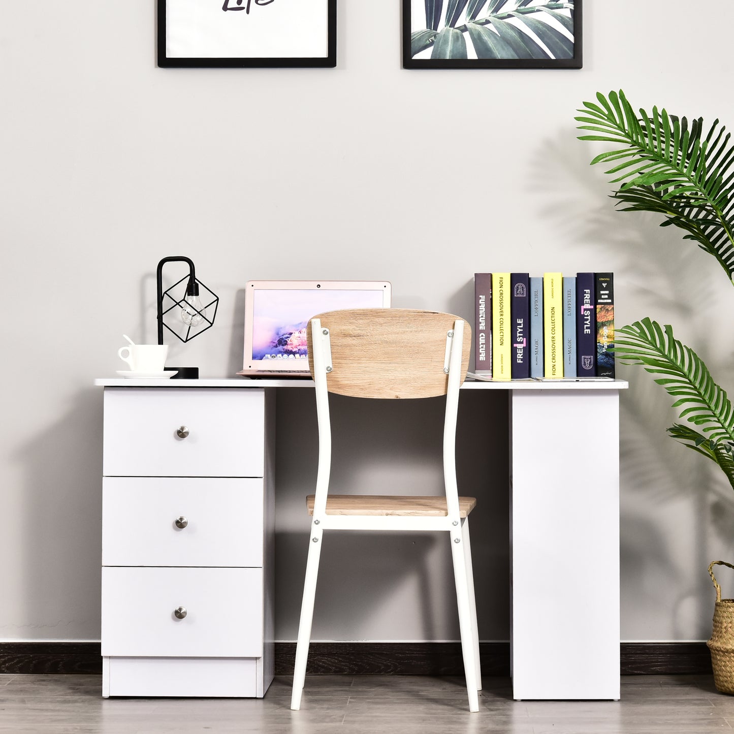 Masa Birou Alba – Cu Sertare & Rafturi Laterale, 120 cm