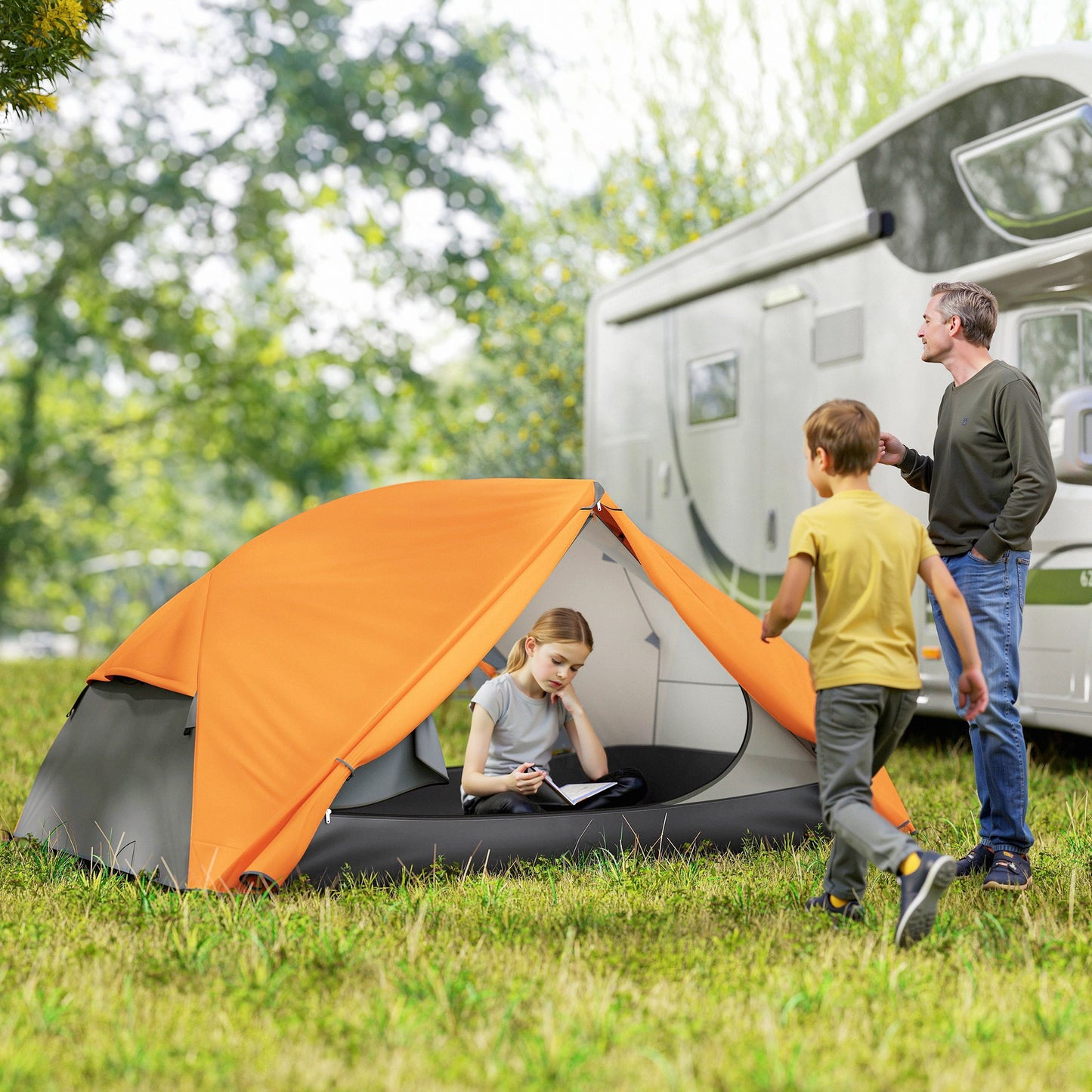 Cort de Camping pentru 2 Persoane cu 2 Uși, 2 Ferestre și Geantă de Transport, 280x225x110 cm, Portocaliu