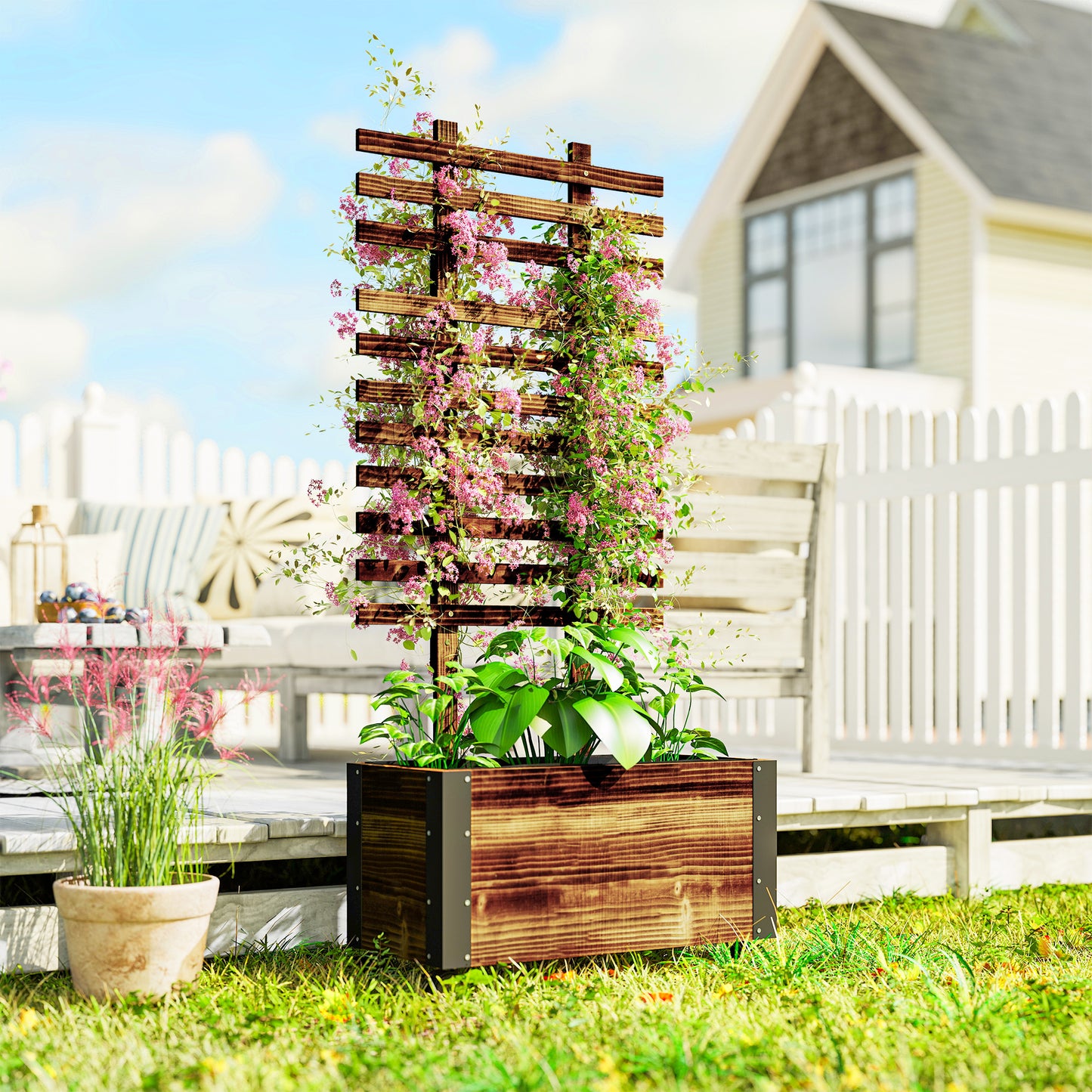 Jardinieră cu spalier pentru plante cățărătoare și roți, din lemn de brad, 65x31x147 cm, maro