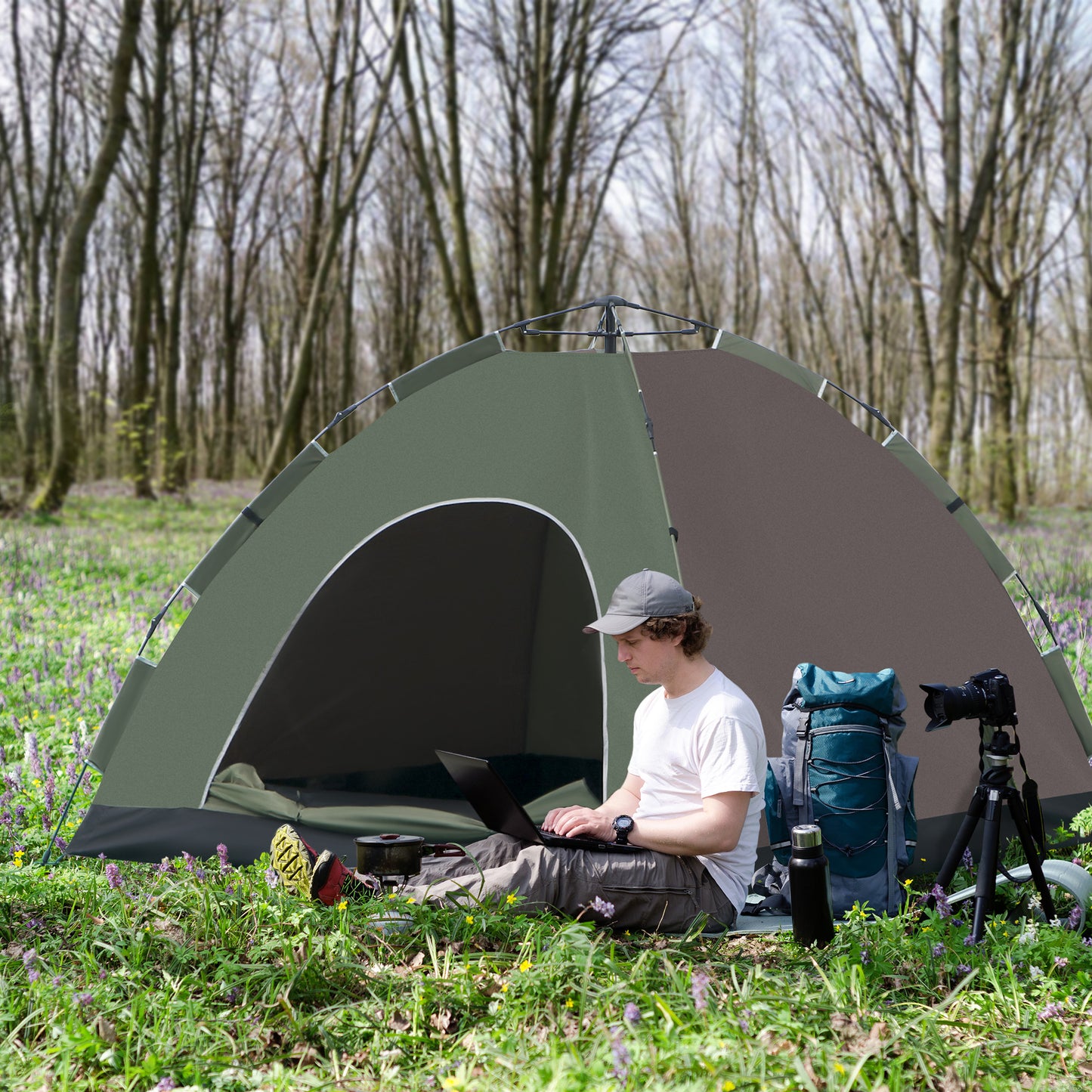 Cort pentru Camping Pop-Up pentru 4 Persoane cu Geanta pentru Transport, Carlige pentru Lampa si Buzunare pentru Depozitare, 210x210x135cm