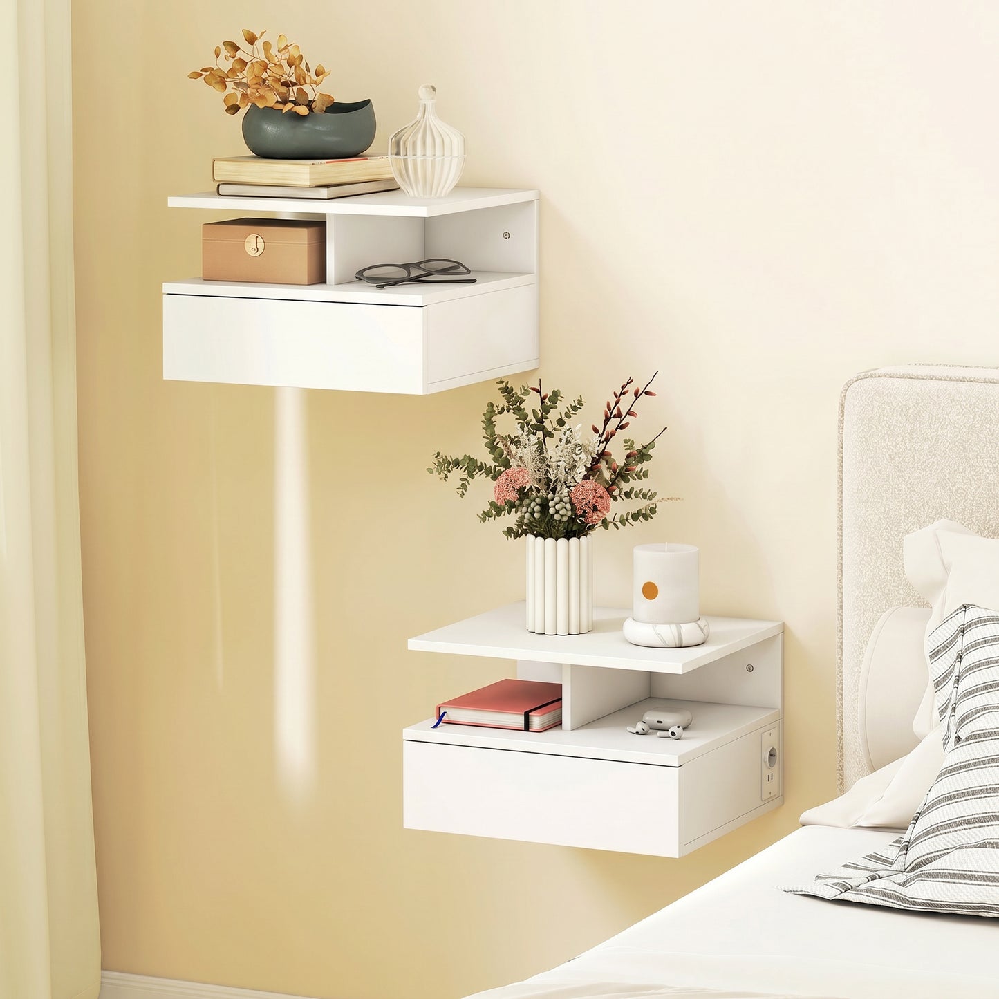Set 2 Noptiere Suspendate: Stație de Încărcare, Sertar, Raft, Alb